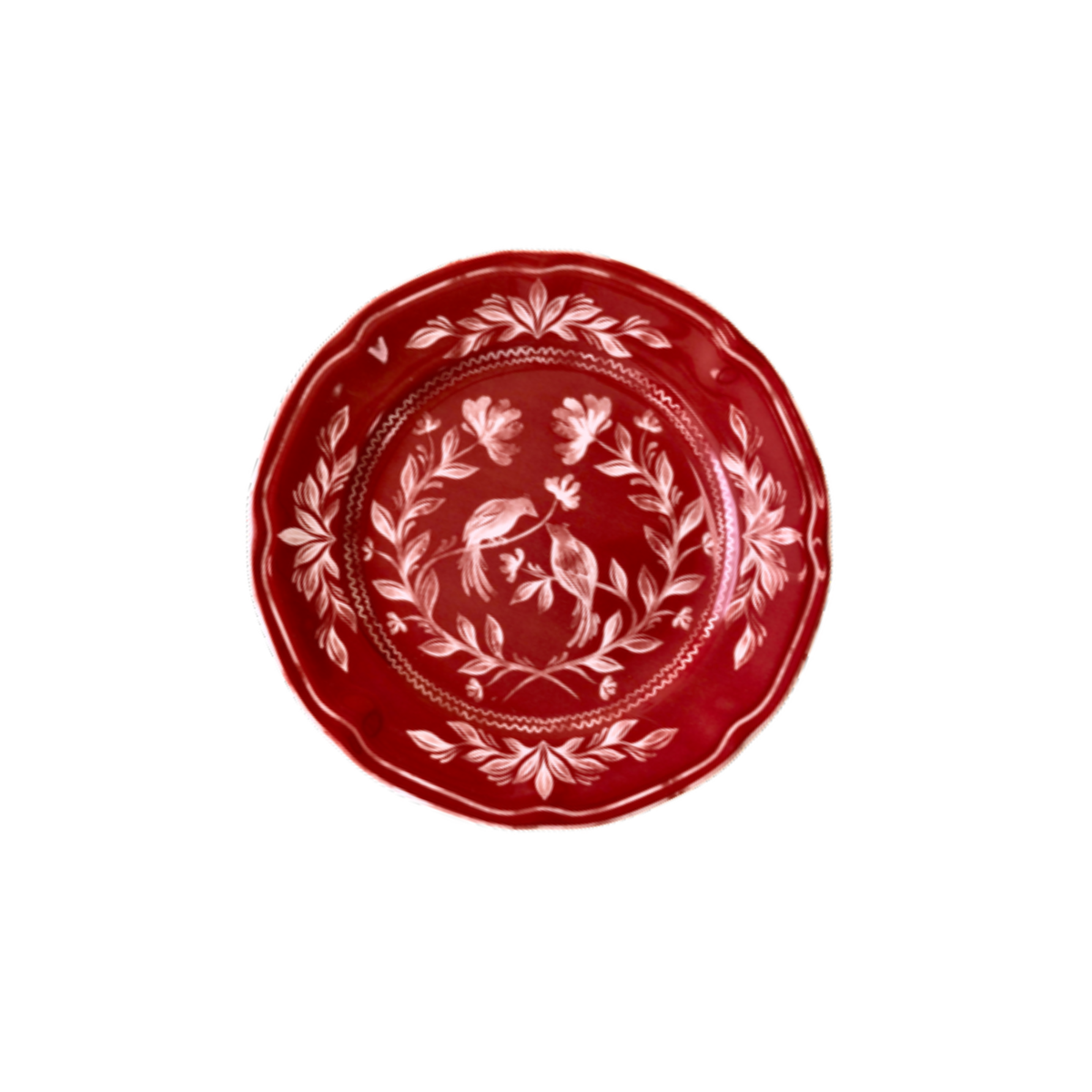 Red Chinoiserie starter plate with white bird and floral pattern