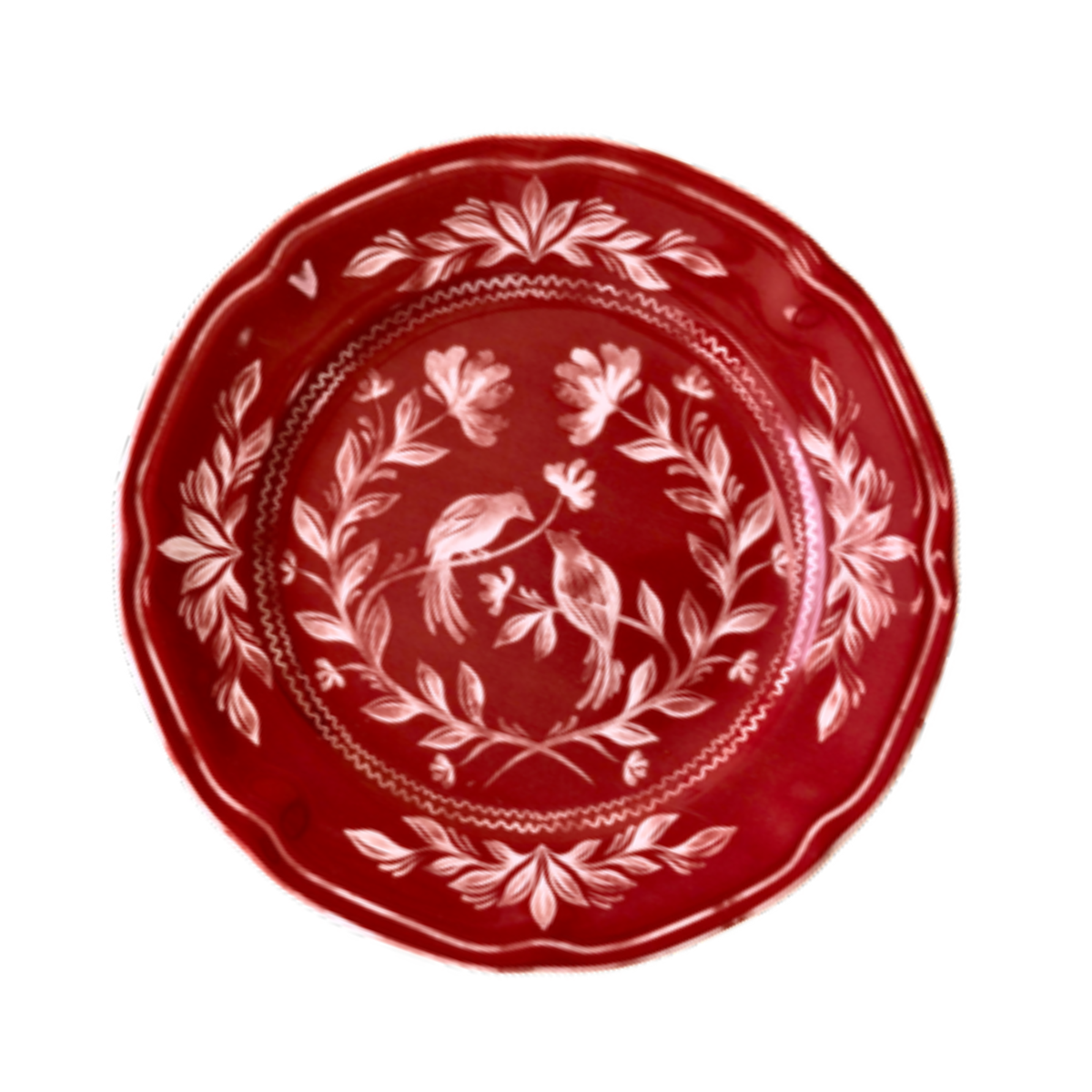 Red Chinoiserie dinner plate with white bird and floral pattern