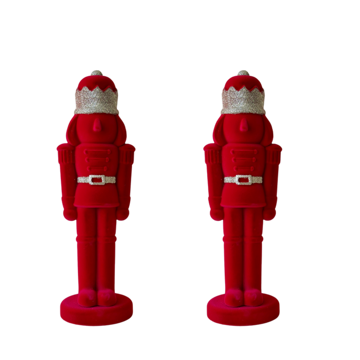Pair of bright red velvet nutcrackers with silver glitter crowns
