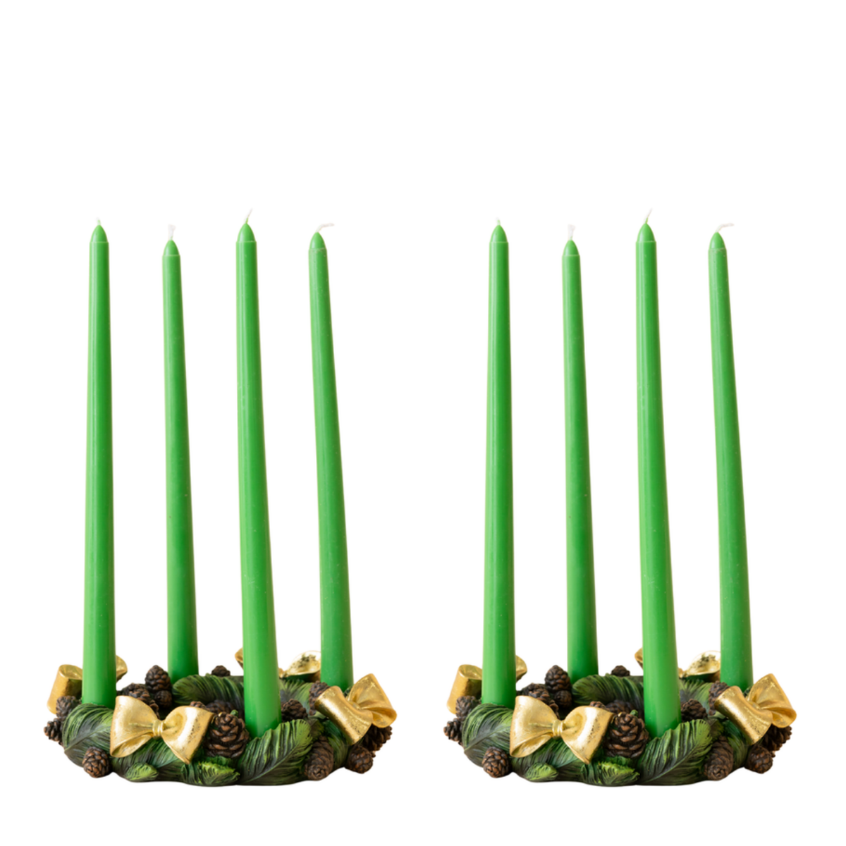 Pair of pinecone candle rings each holding four green taper candles