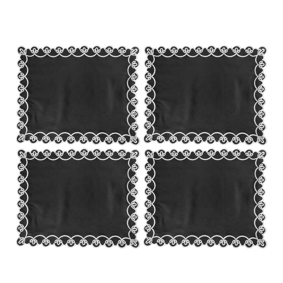 Set of four black placemats with ivory scallop embroidery