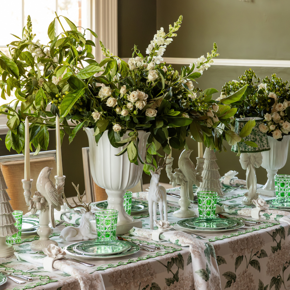 Cream Hydrangea Christmas table styled with Cream Hydrangea table cloth, Cream Hydrangea napkins and white bird double candle holder