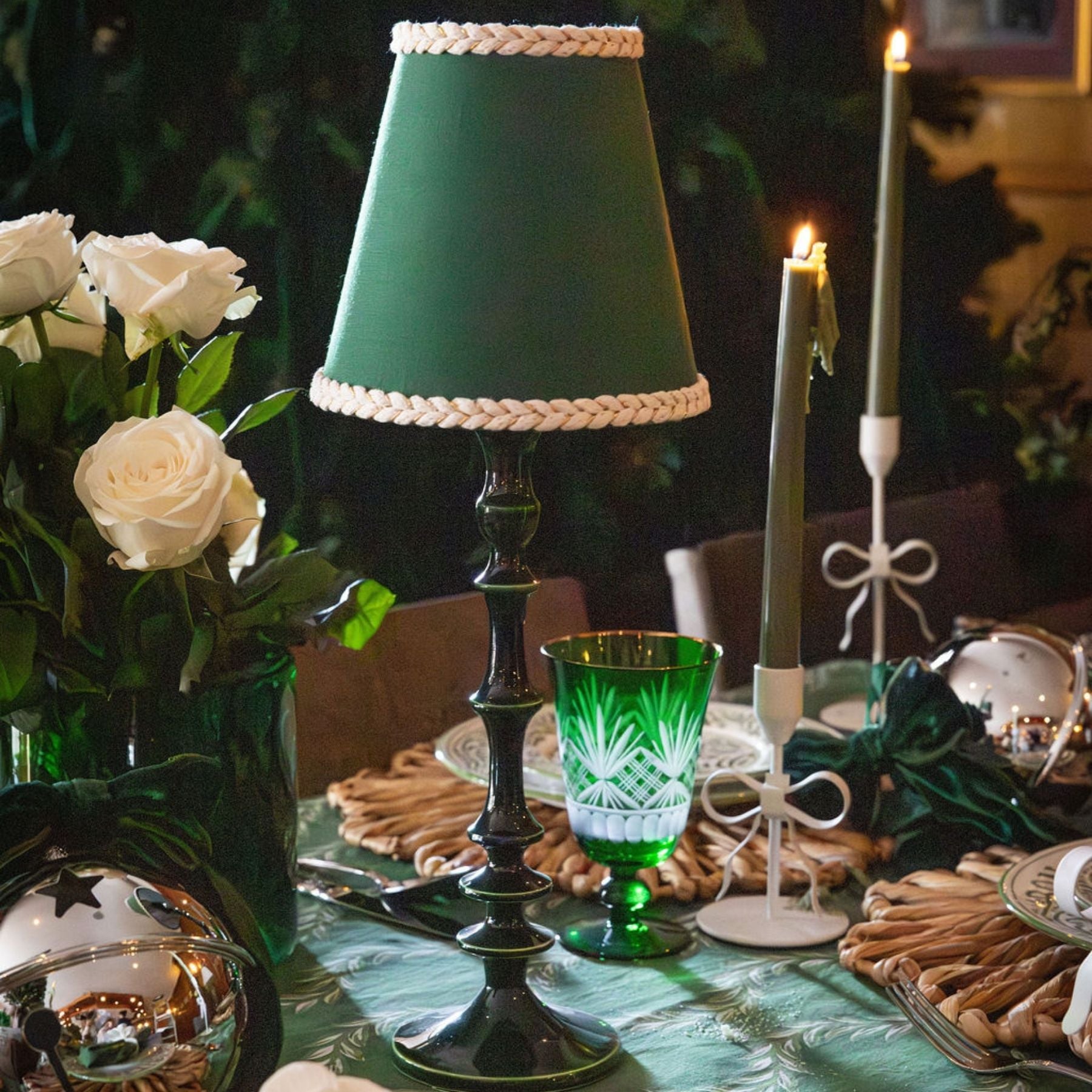 Verdant Green Braided Trim Lamp Shade & Verdant Green Base - Table Lamp - LUXE AND BEAU