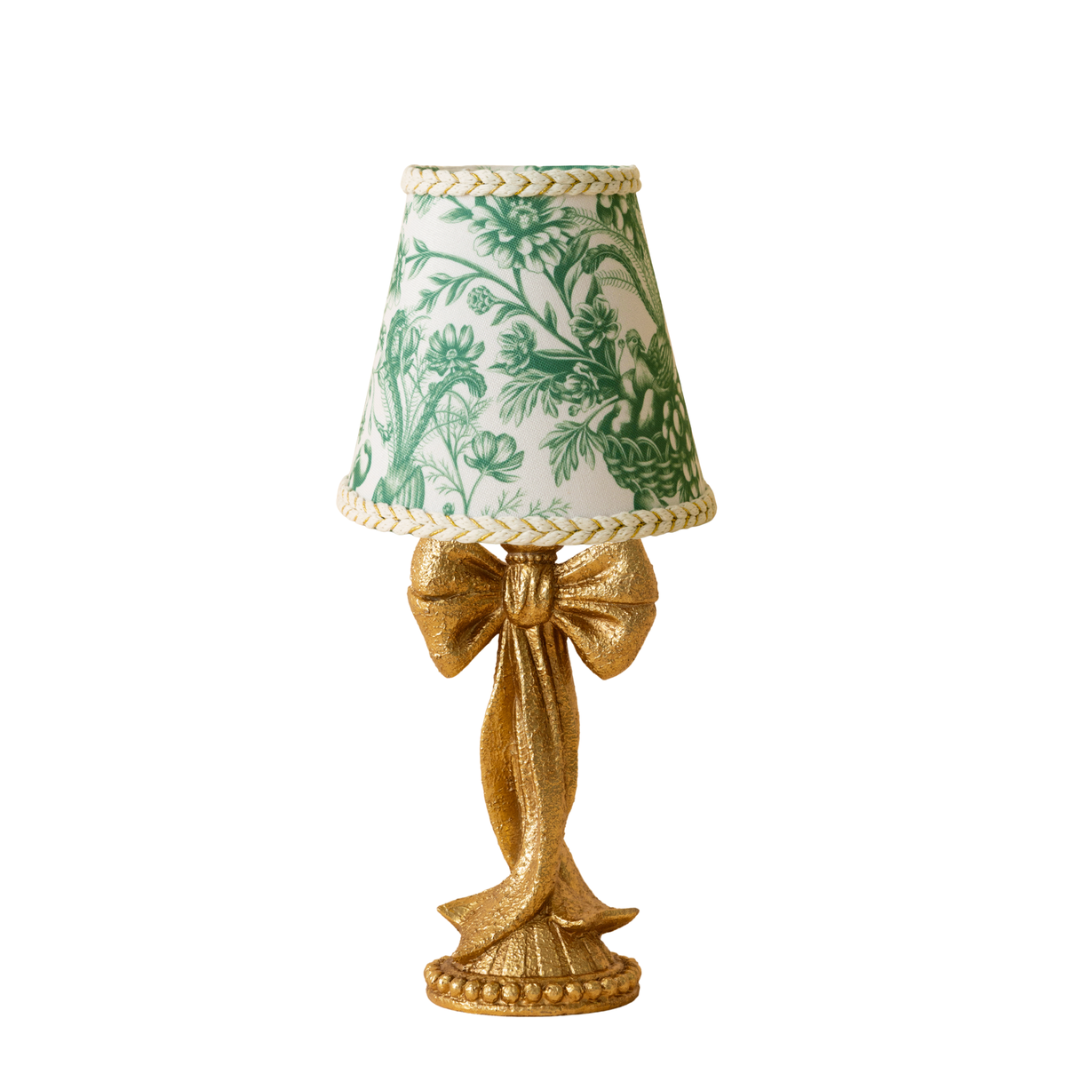 Green Toile Braided Trim Lamp Shade & Gold Bow Base - Table Lamp - LUXE AND BEAU