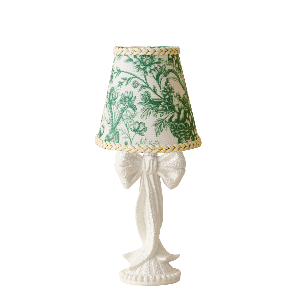Green Toile Braided Trim Lamp Shade & White Bow Base - Table Lamp - LUXE AND BEAU