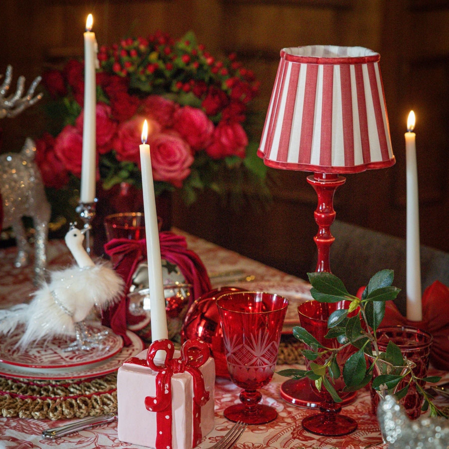 Red Stripe Scallop Lamp Shade & Rouge Base - Table Lamp - LUXE AND BEAU
