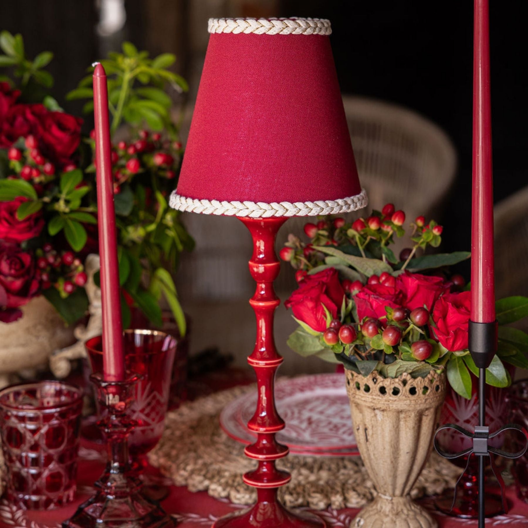 Rouge Braided Trim Lamp Shade & Rouge Base - Table Lamp - LUXE AND BEAU