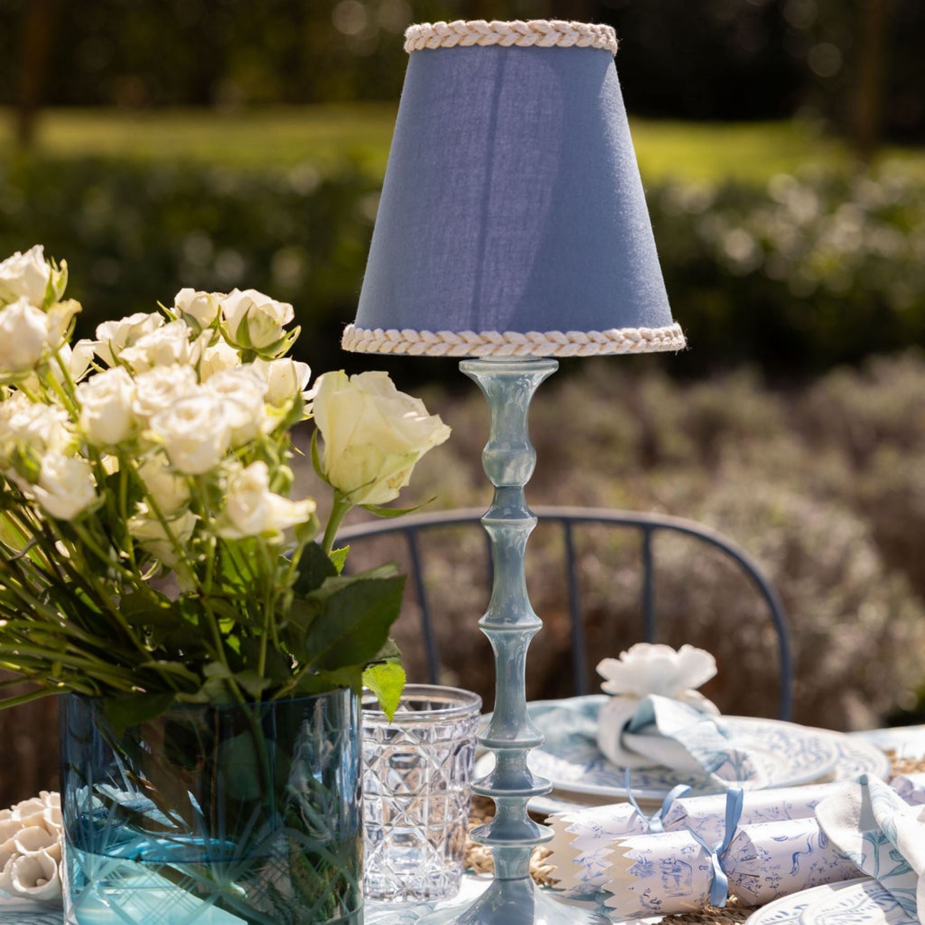 Ocean Blue Braided Trim Lamp Shade & Ocean Blue Base - Table Lamp - LUXE AND BEAU