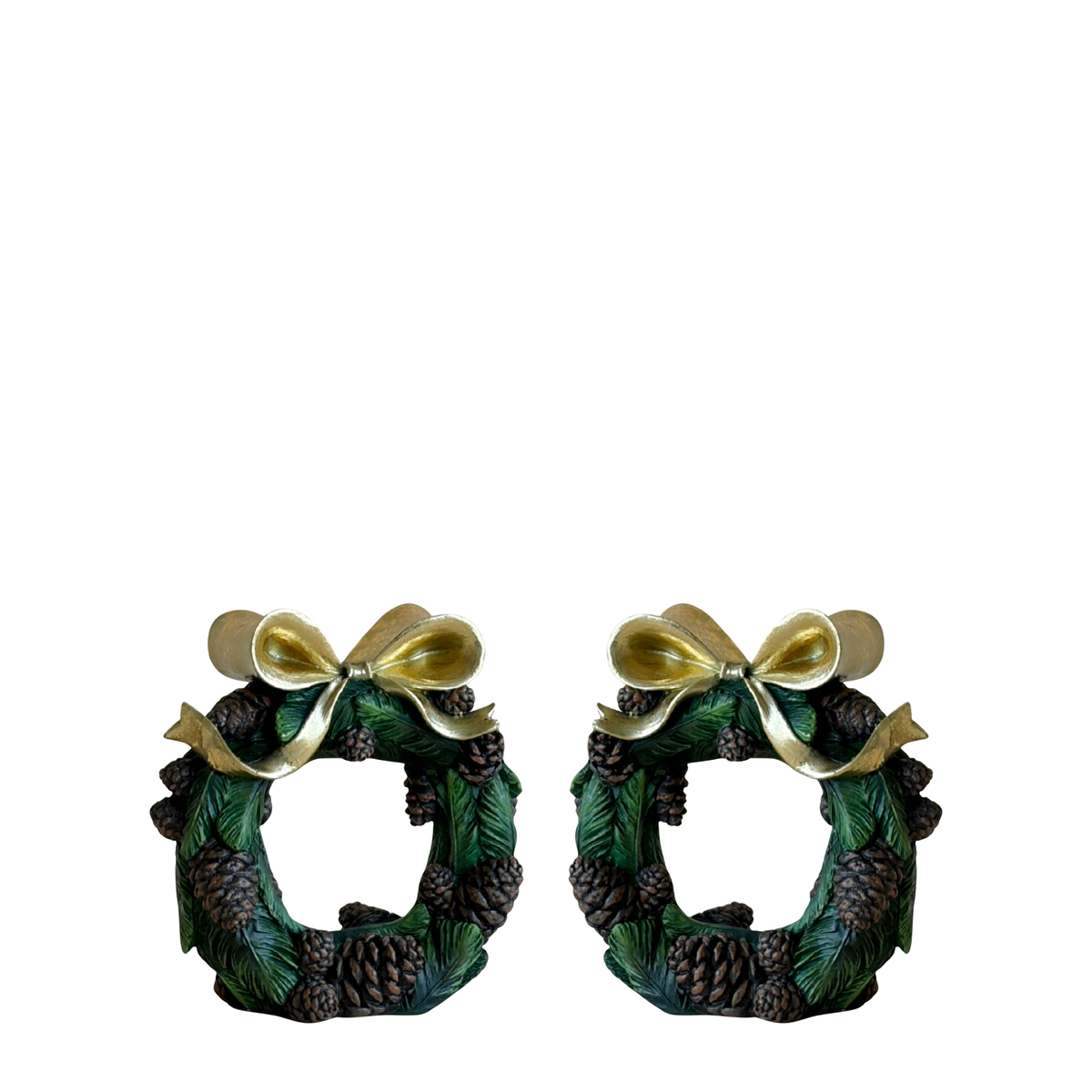 Pair of pinecone wreath candle holders with gold bows