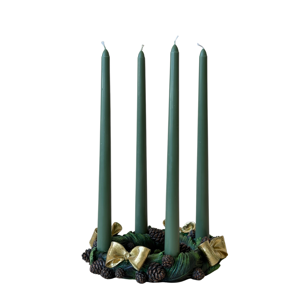Pinecone candle ring with four dark green taper candles