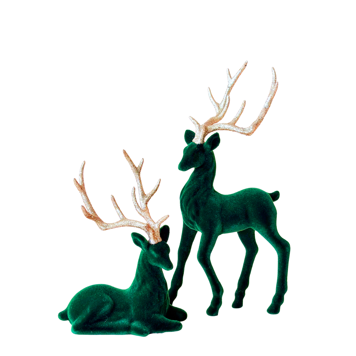 Dark green velvet sitting and standing reindeer with glitter antlers