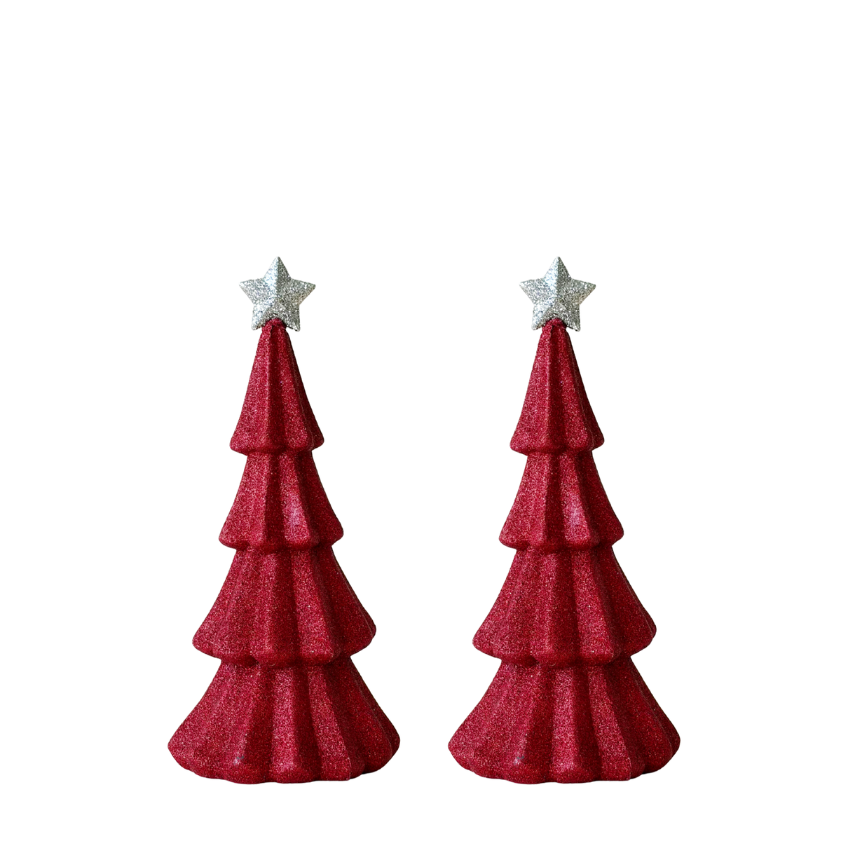 Pair of small red glitter Christmas trees with silver star tops