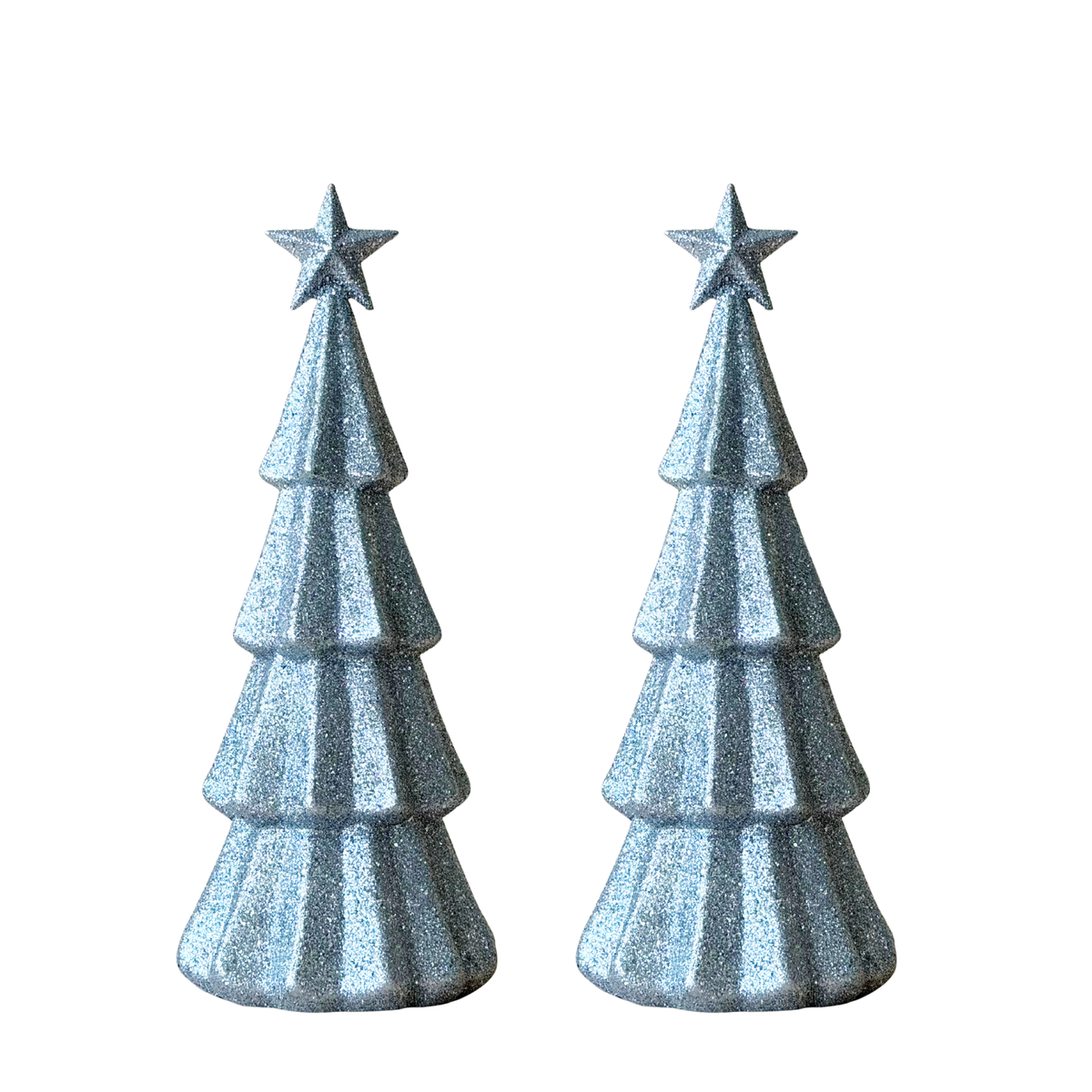 Pair of large silver glitter Christmas trees with star tops
