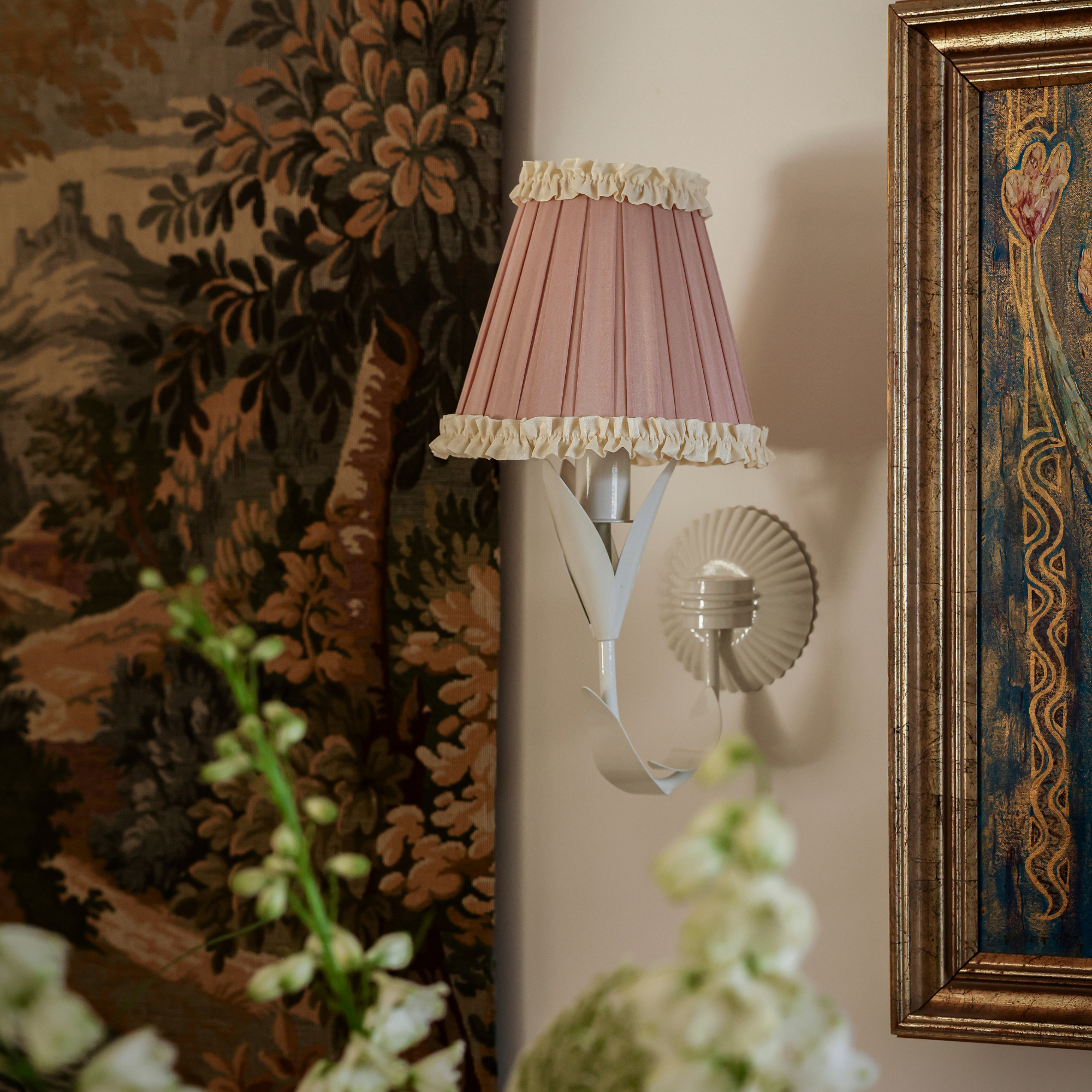 Audrey Dusty Rose and Cream Ruffle Shade and La Fleur Ivory Wall Sconce - LUXE AND BEAU