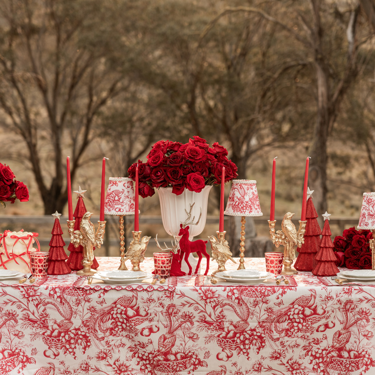Red Toile Christmas table styled with Red Toile table cloth