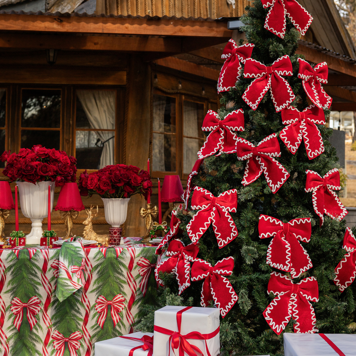 Spruce and Red Bow Christmas table styled with red and ivory ric rac bows, Spruce and Red Bow table cloth and Spruce and Red Bow napkins