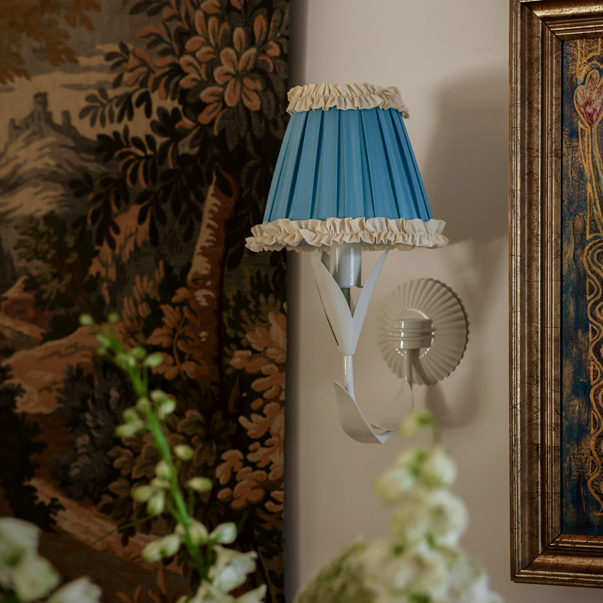 Audrey Sky Blue and Cream Ruffle Shade and La Fleur Ivory Wall Sconce - LUXE AND BEAU