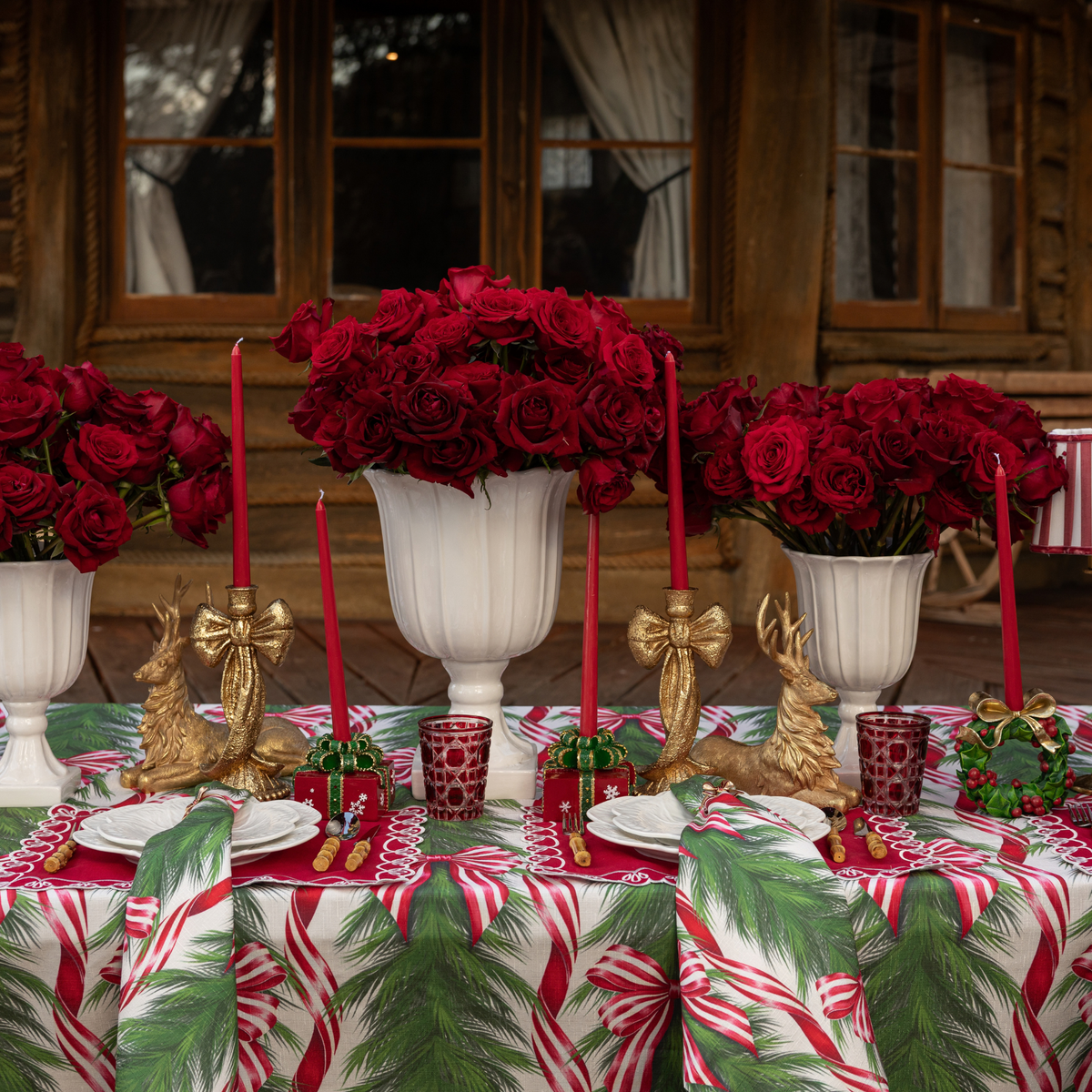 Spruce and Red Bow Christmas table styled with Spruce and Red Bow table cloth and Spruce and Red Bow napkins