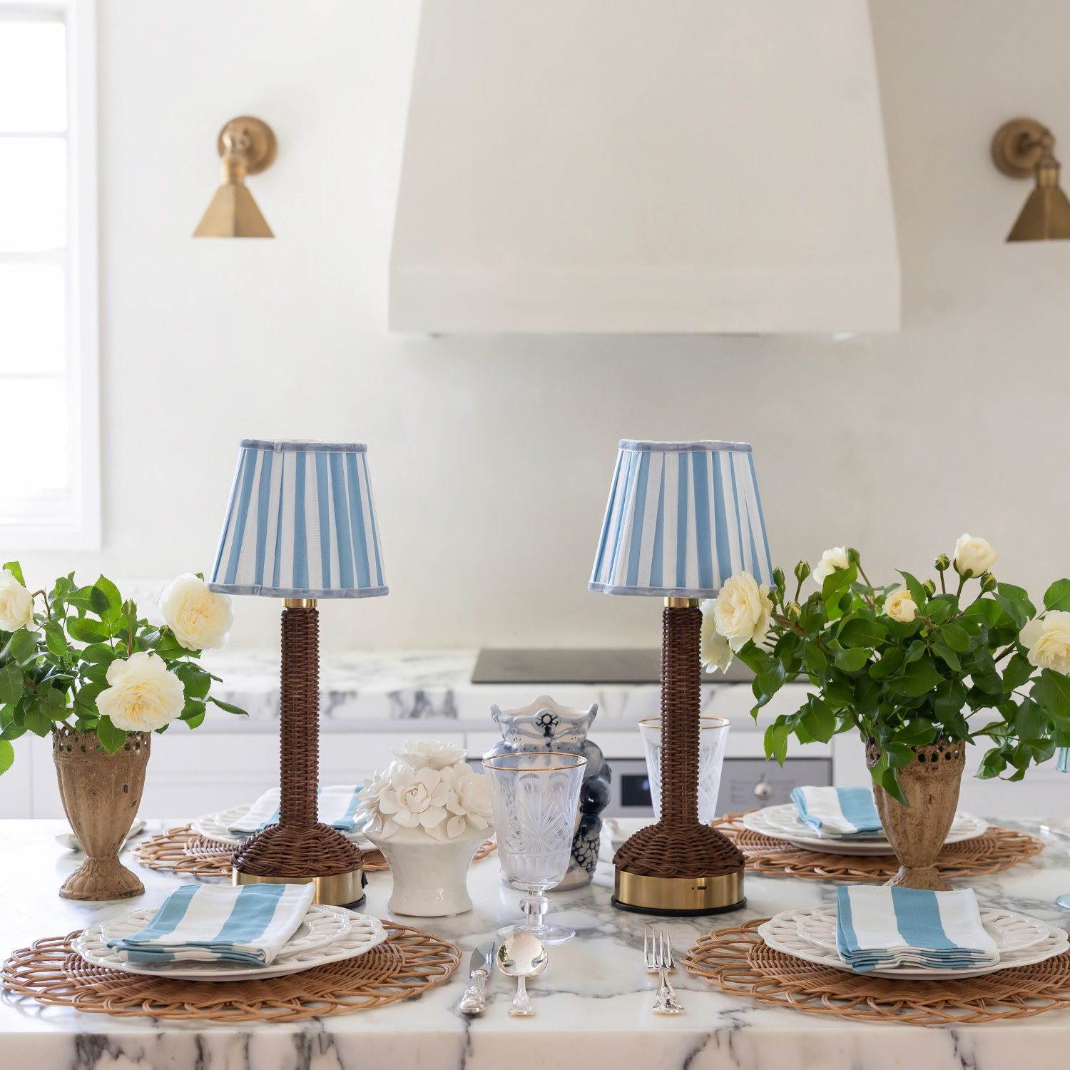 Blue Stripe Scallop Shade & Dark Rattan Base - USB Table Lamp - LUXE AND BEAU