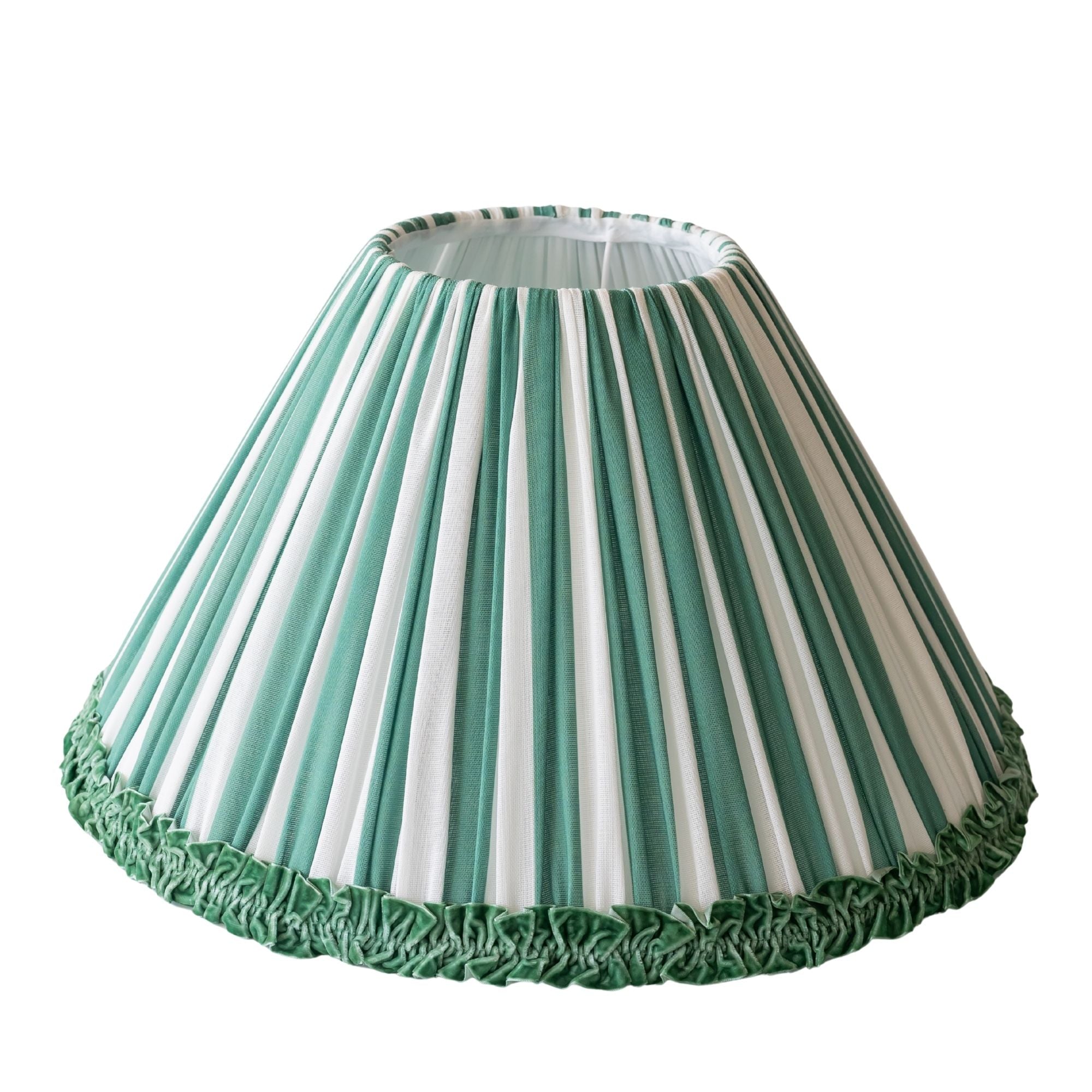 Green Stripe Designer Ruffle Lamp Shade Velvet Trim - LUXE AND BEAU