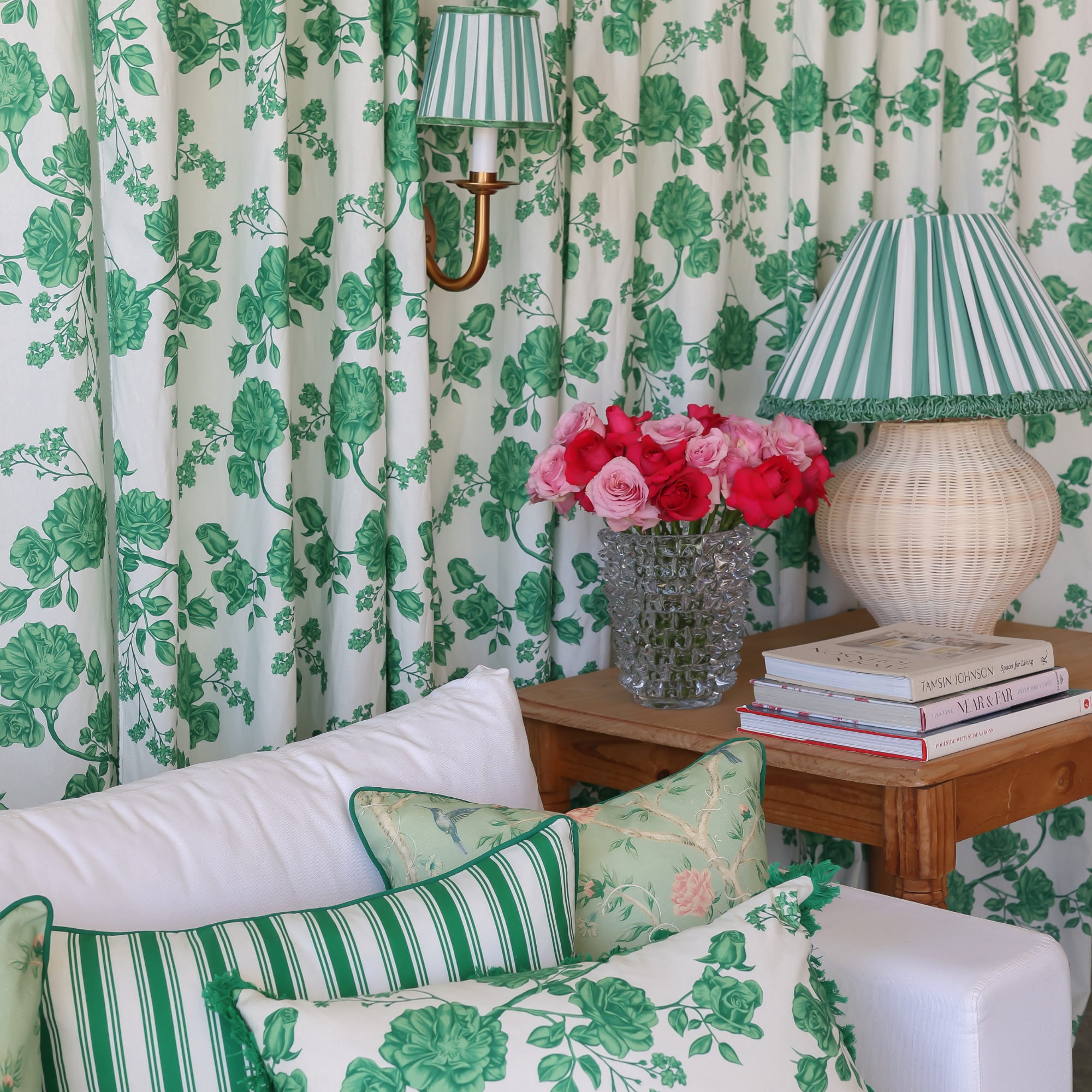 Green Stripe Designer Ruffle Lamp Shade Velvet Trim - LUXE AND BEAU