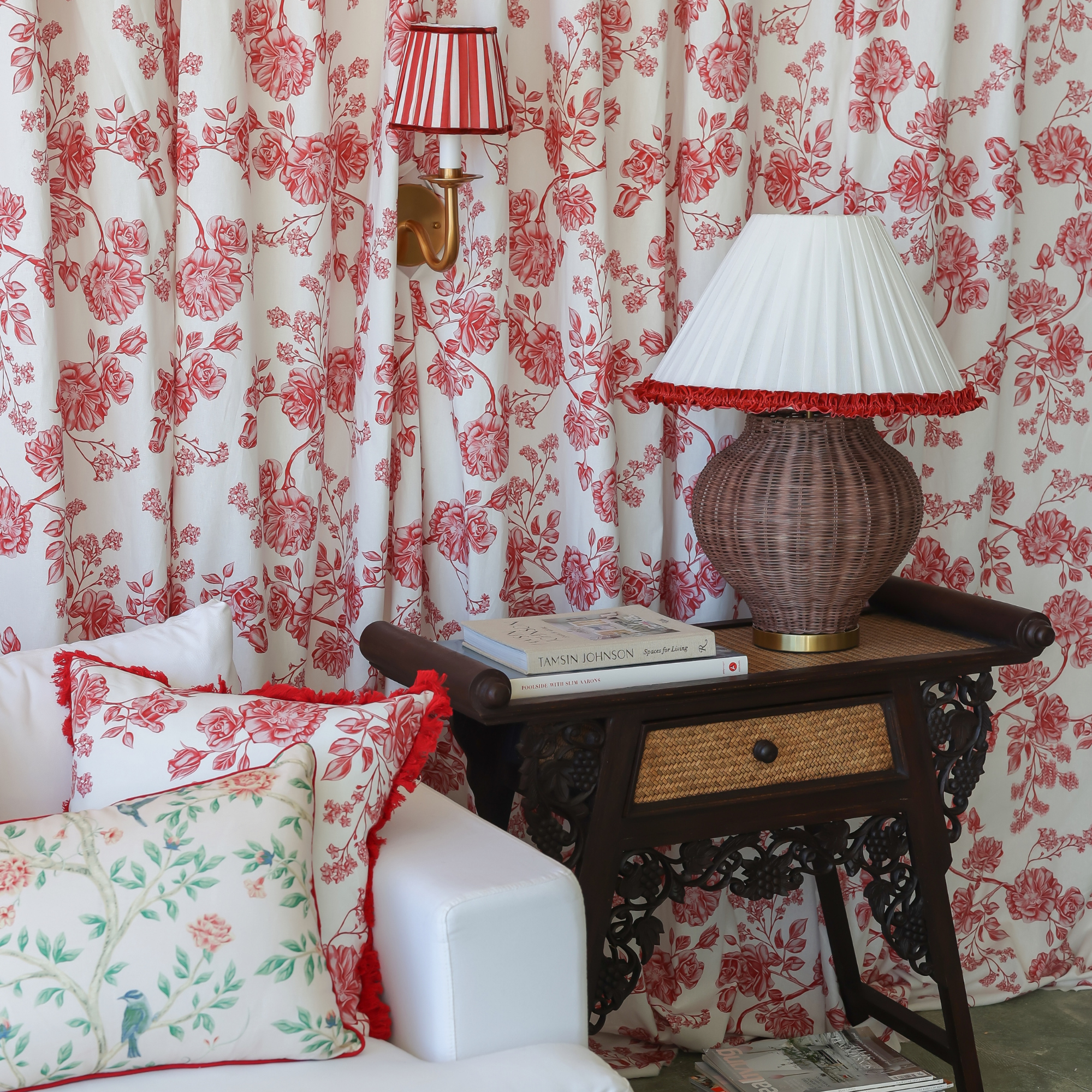 Red Trim Designer Ruffle Lamp Shade Velvet Trim - LUXE AND BEAU