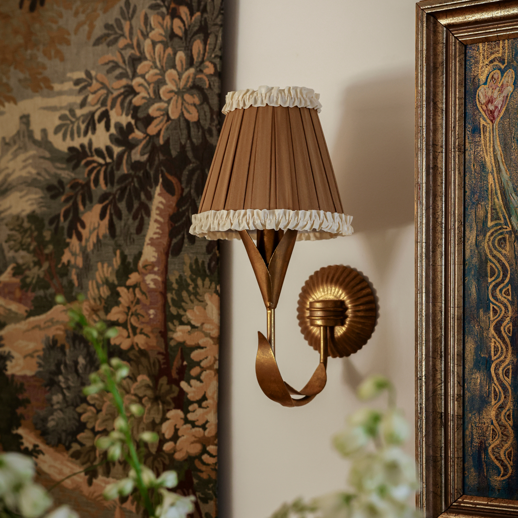 Audrey Camel and Cream Ruffle Shade and La Fleur Antique Gold Wall Sconce - LUXE AND BEAU