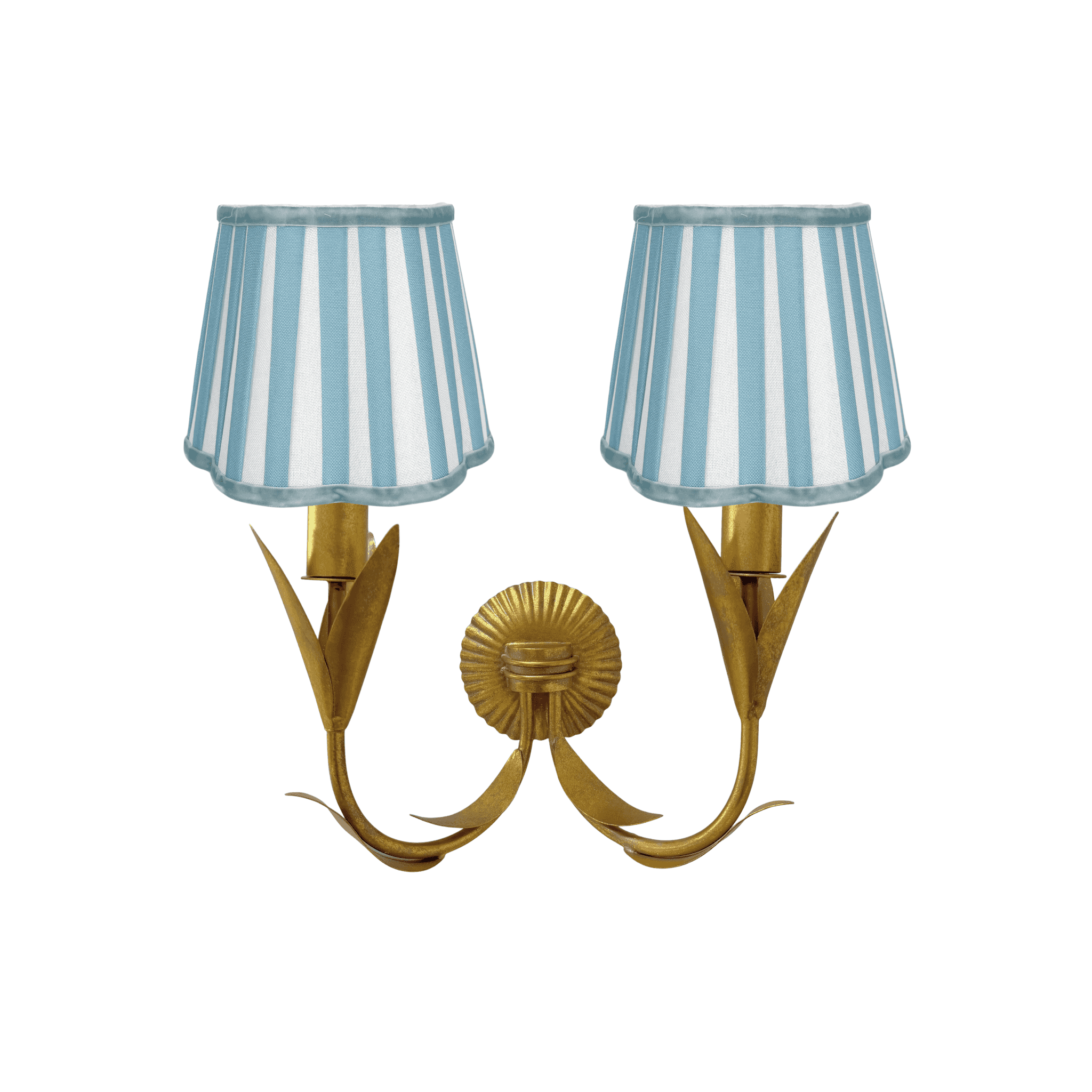 Blue Stripe Scallop Lamp Shade and La Fleur Antique Gold Wall Sconce - LUXE AND BEAU