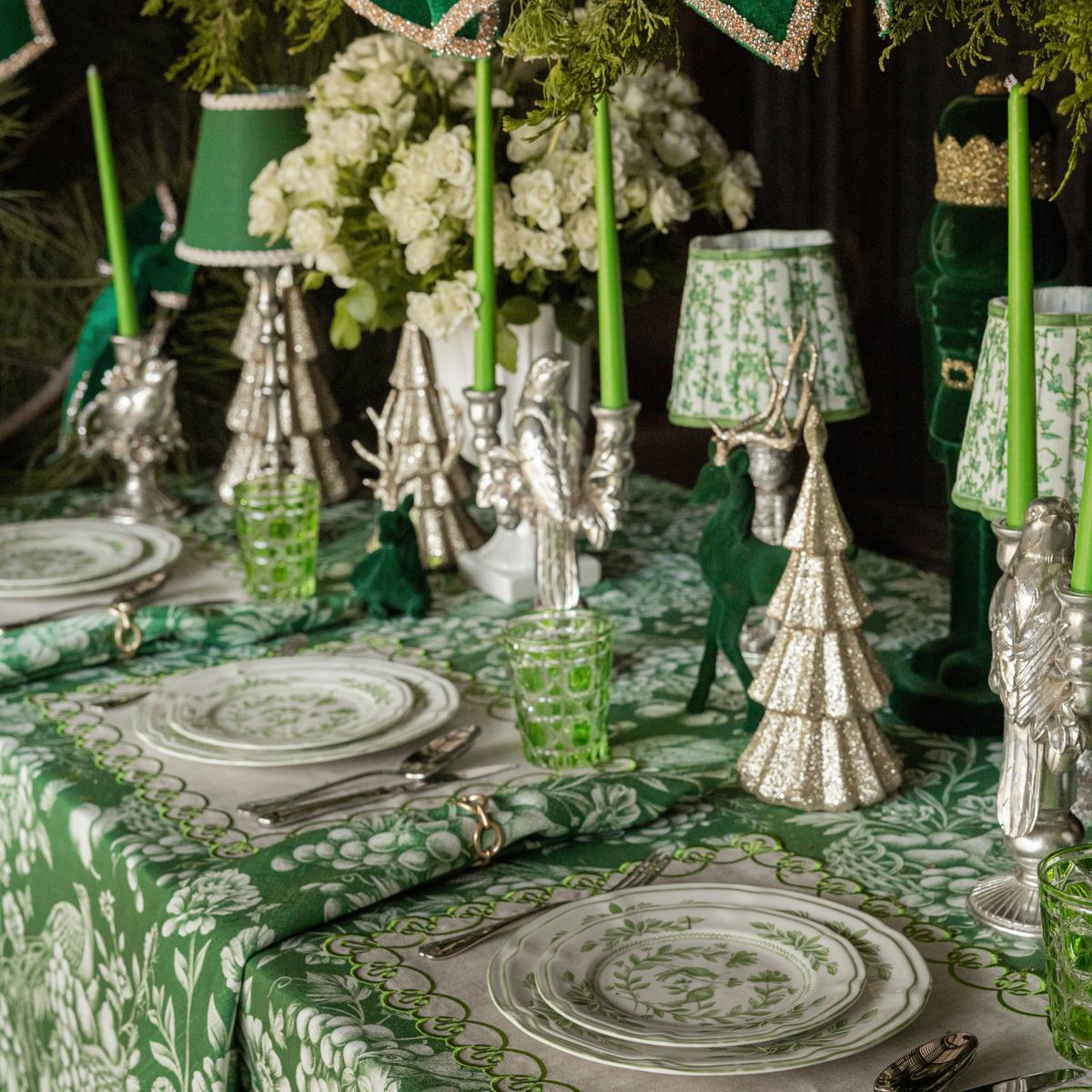 Green Toile Christmas table styled with Green Toile table cloth, Green Toile napkins and natural linen placemats with green embroidery