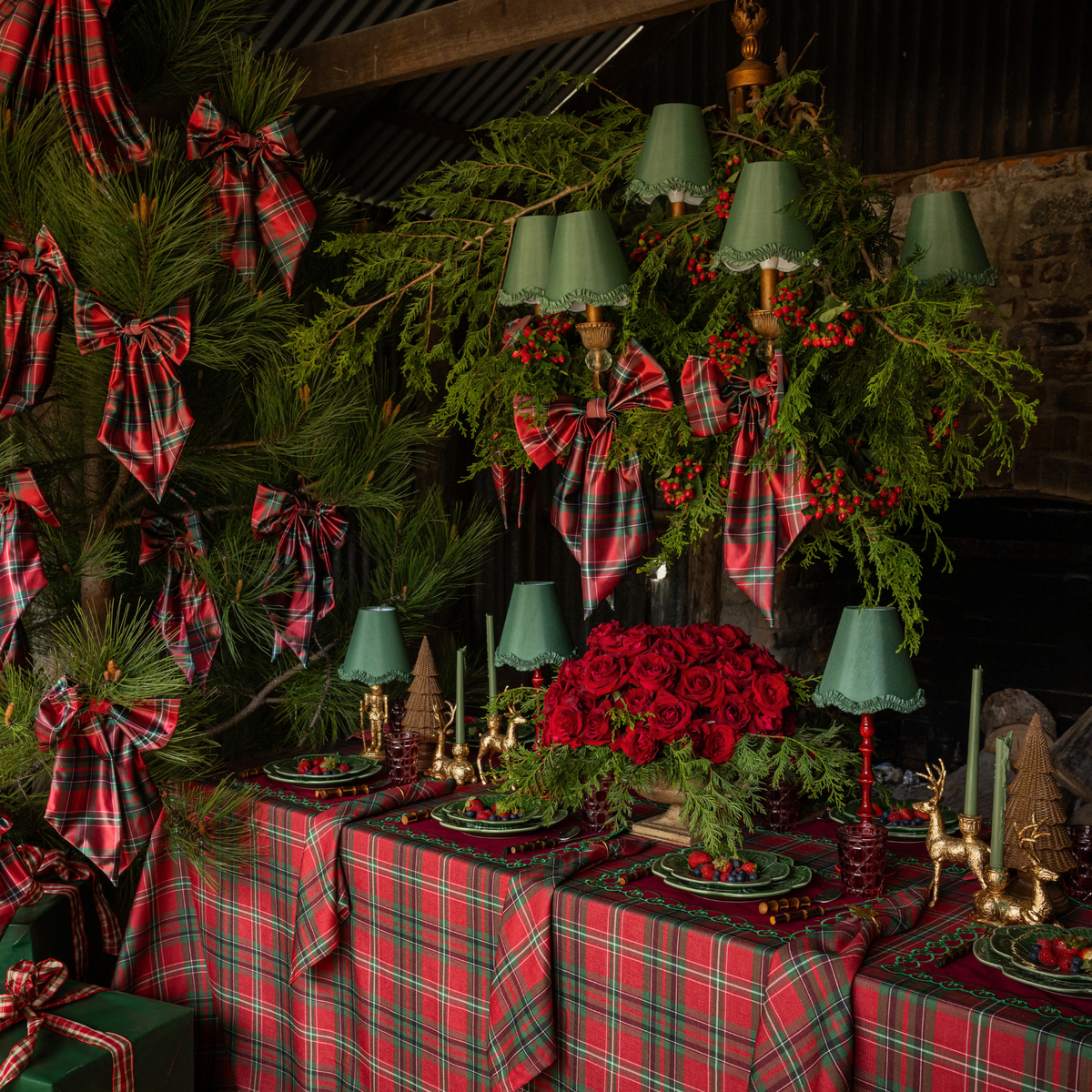 Red Tartan Christmas table styled with Red Tartan table cloth