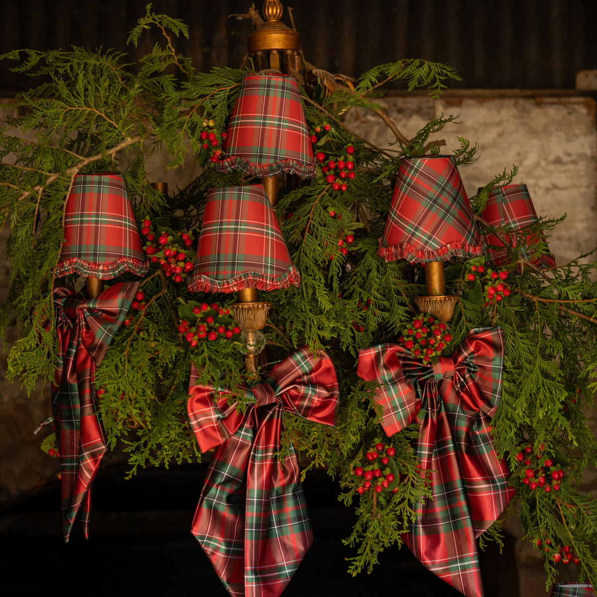 Red Tartan Christmas table styled with Red Tartan ruffle lamp shade