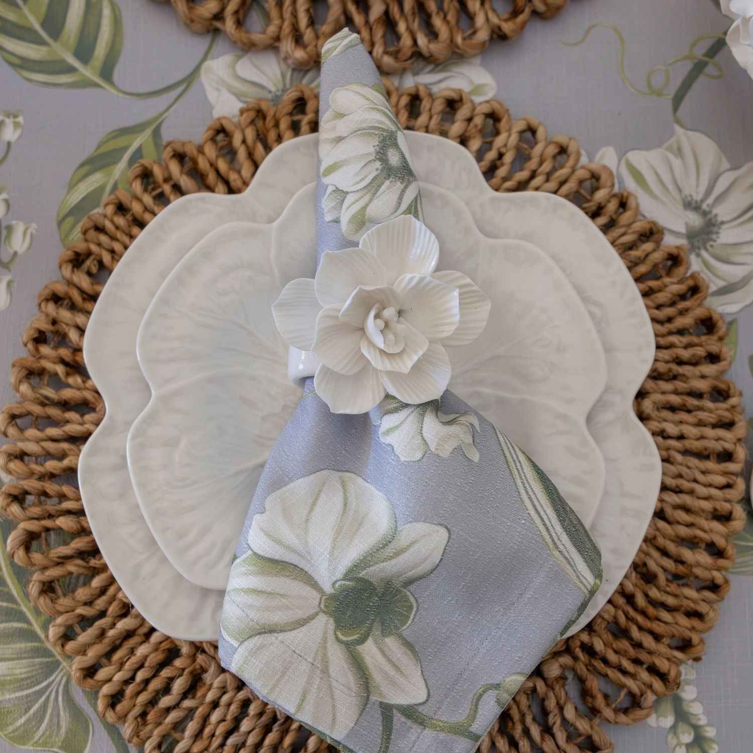 Georgie's Floral Grey and Moss Napkins (Set of 4) - LUXE AND BEAU