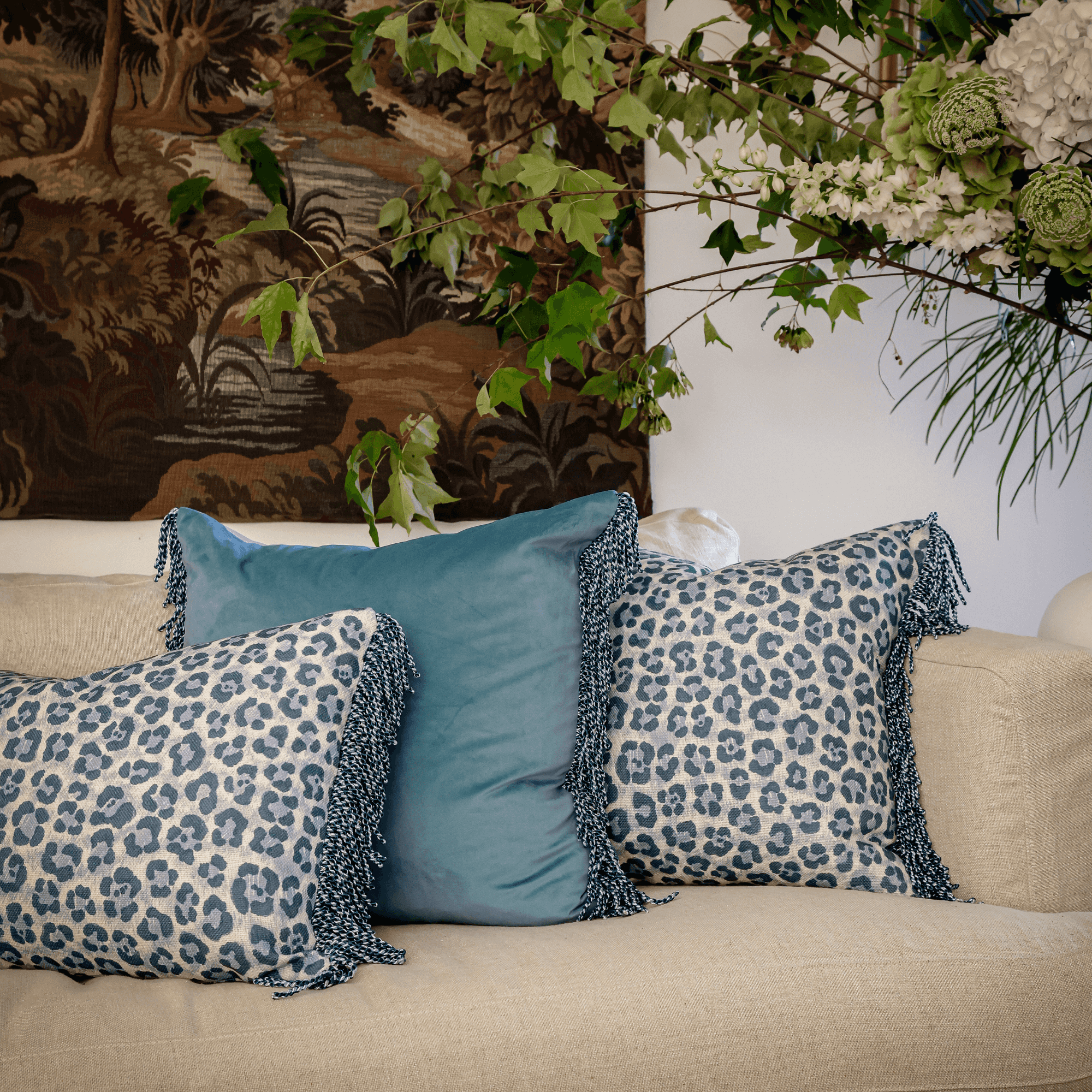 Bullion Fringe Bleu Velvet Cushion Cover 50x50cm - LUXE AND BEAU