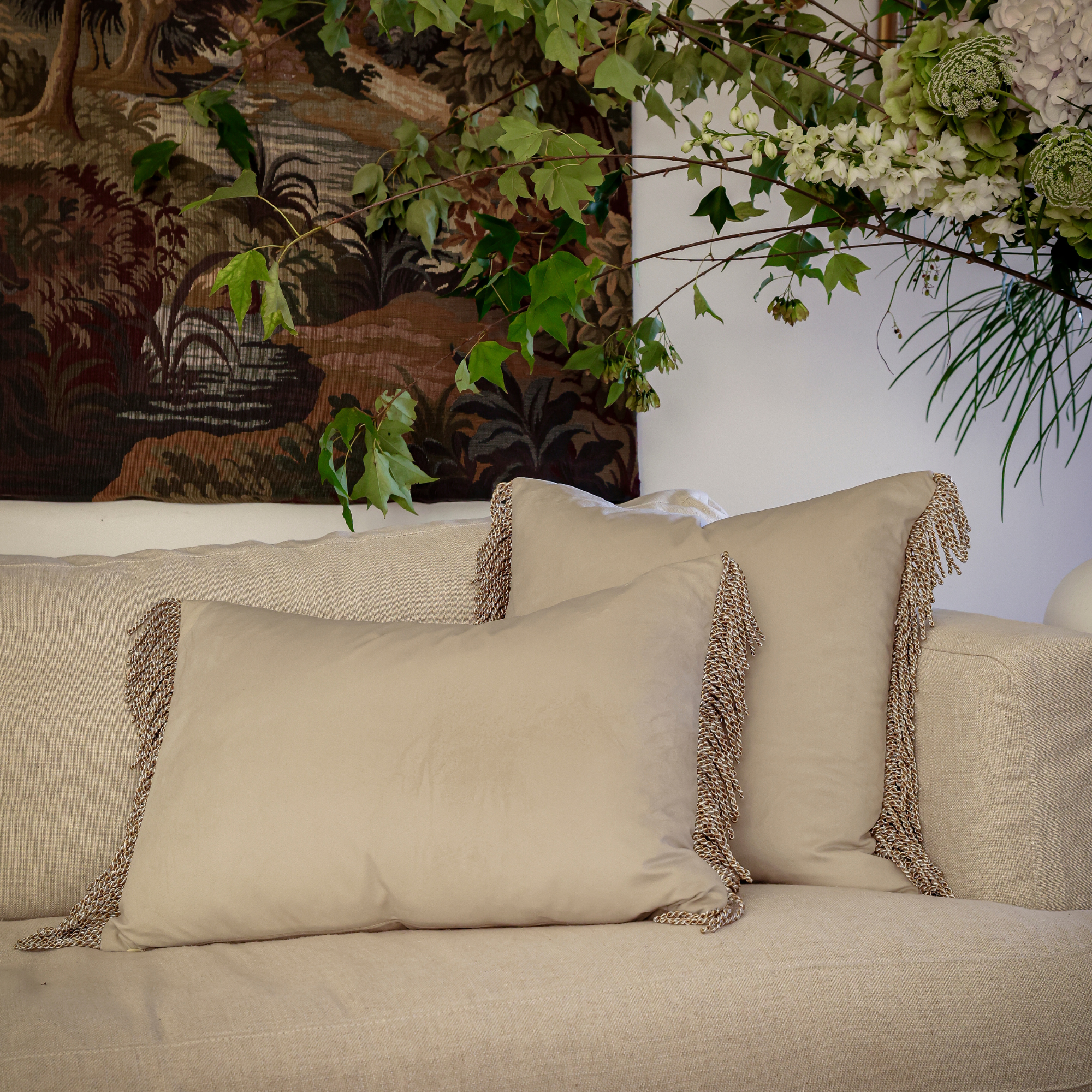Bullion Fringe Le Beige Velvet Cushion Cover 50x50cm - LUXE AND BEAU