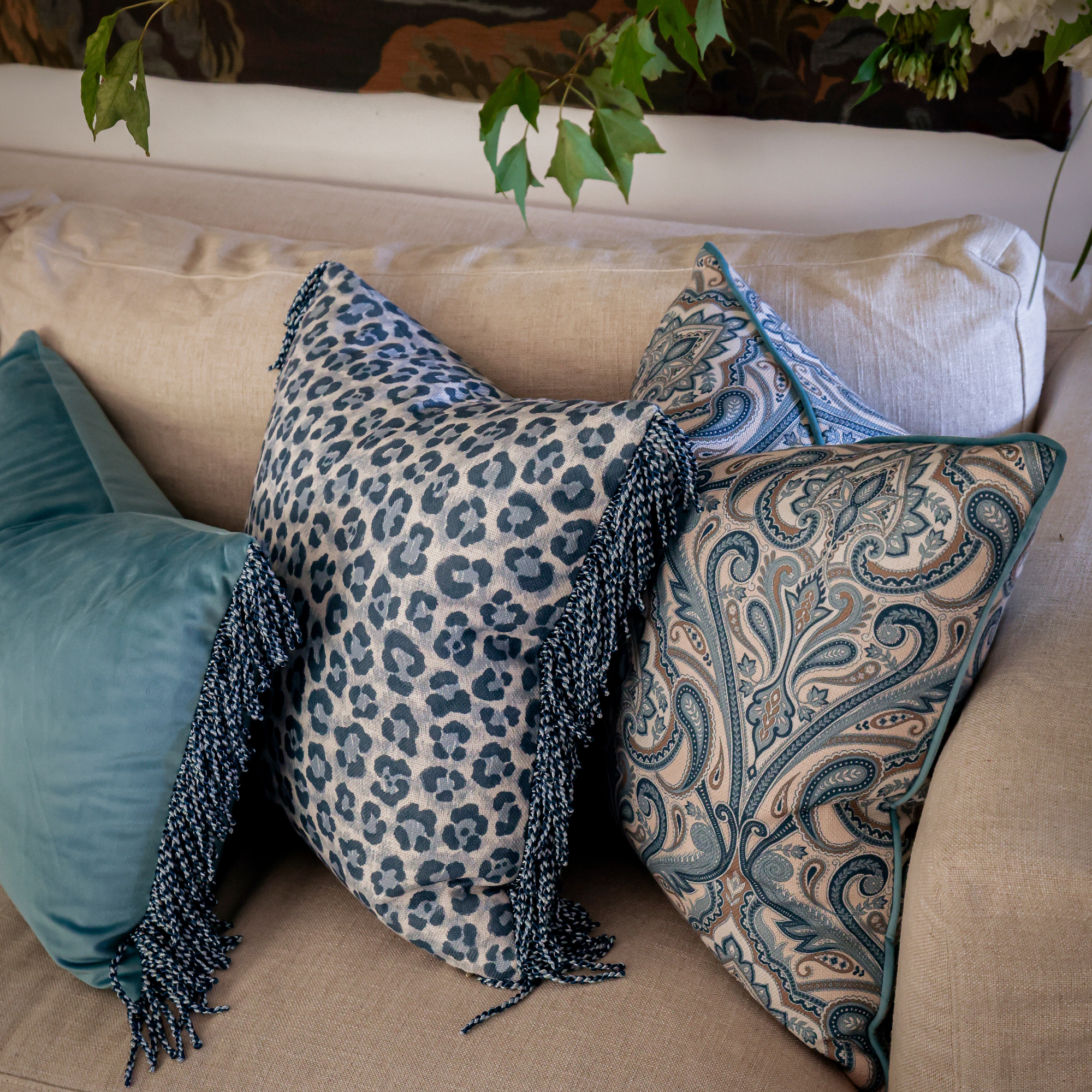 Bullion Fringe Bleu Leopard Cushion Cover 50x50cm - LUXE AND BEAU