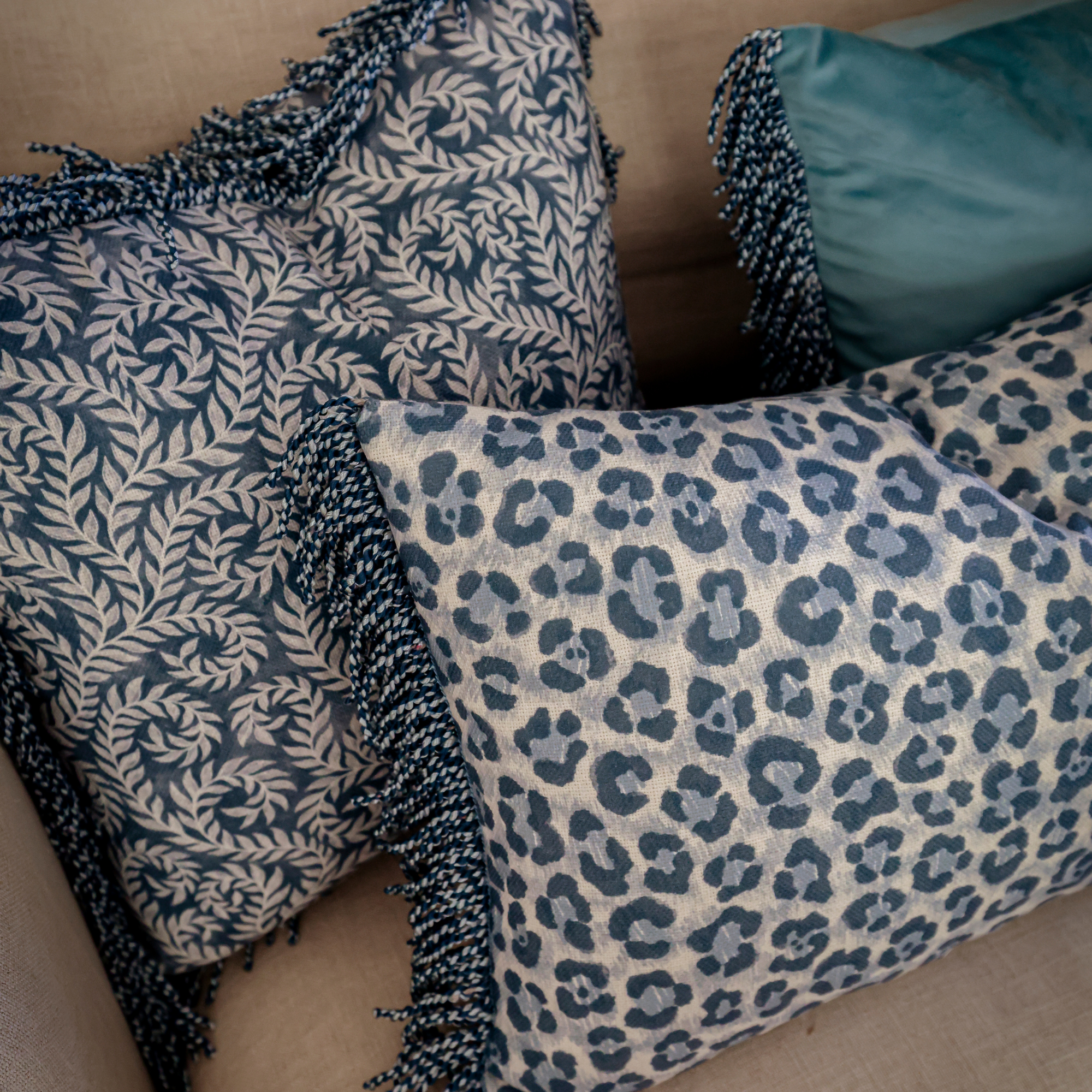 Bullion Fringe Bleu Vine Cushion Cover 50x50cm - LUXE AND BEAU