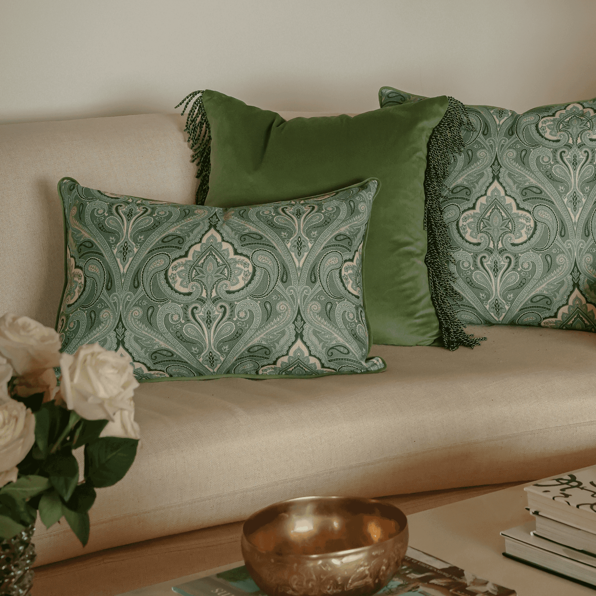 Bullion Fringe Pistachio Velvet Cushion Cover 50x50cm - LUXE AND BEAU