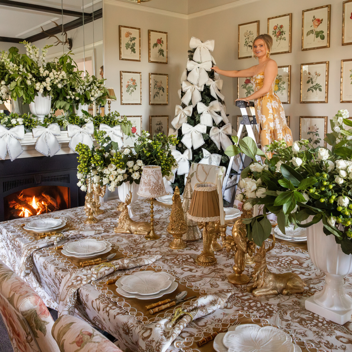 Gold Toile Christmas table styled with Gold Toile table cloth
