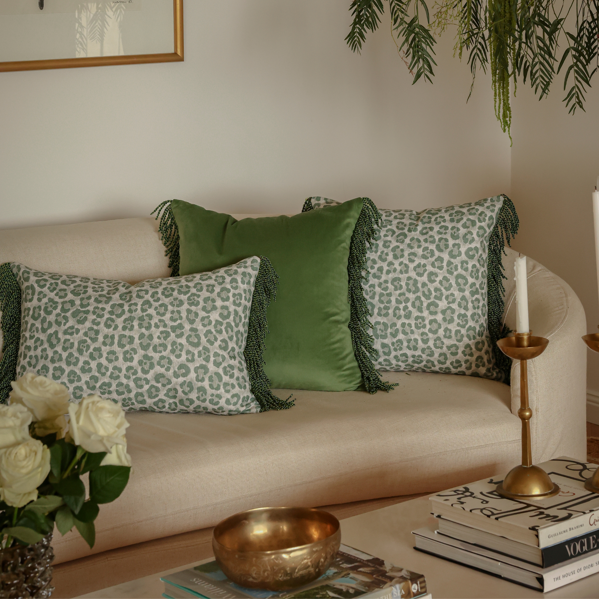 Bullion Fringe Pistachio Leopard Cushion Cover 50x50cm - LUXE AND BEAU