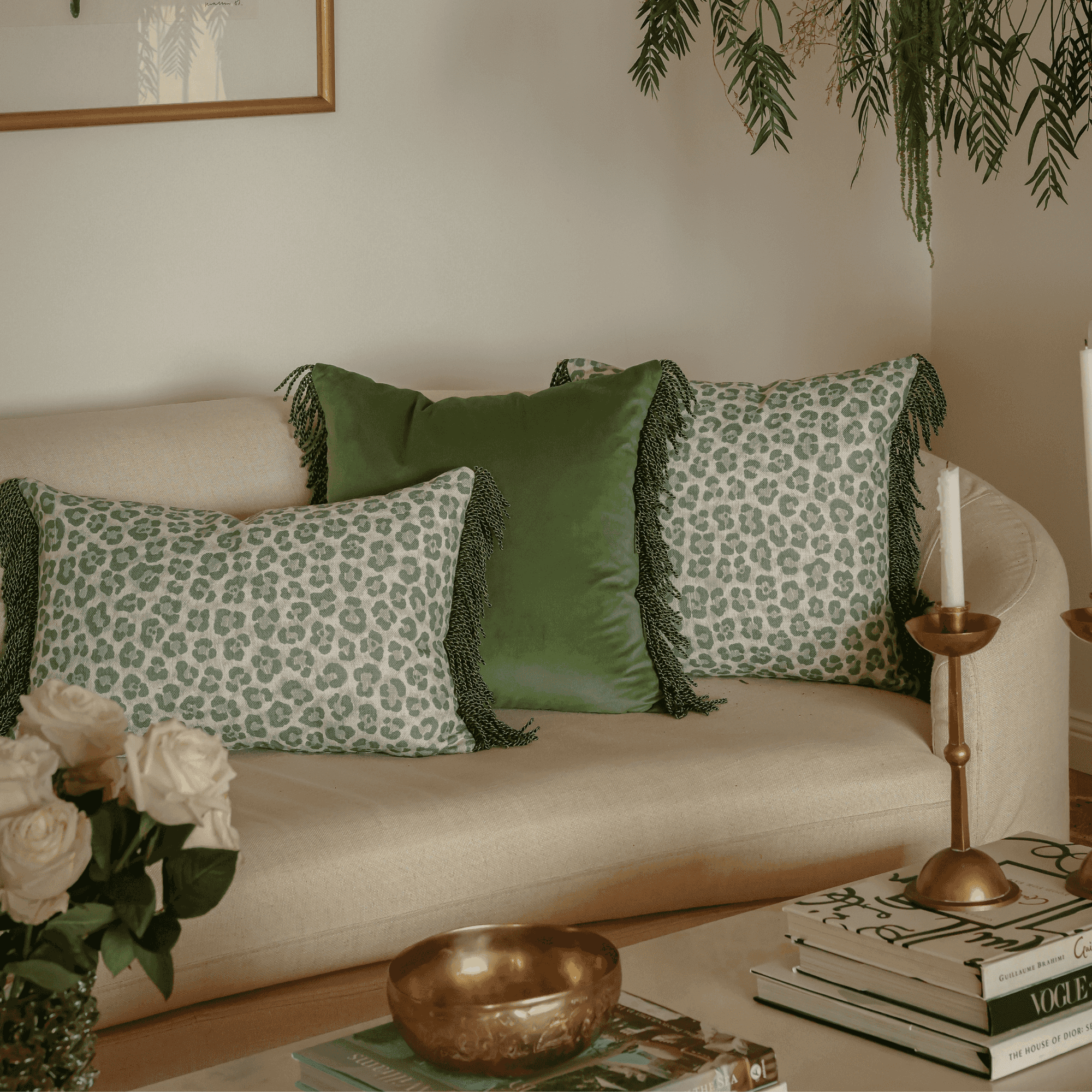 Bullion Fringe Pistachio Leopard Cushion Cover 50x50cm - LUXE AND BEAU