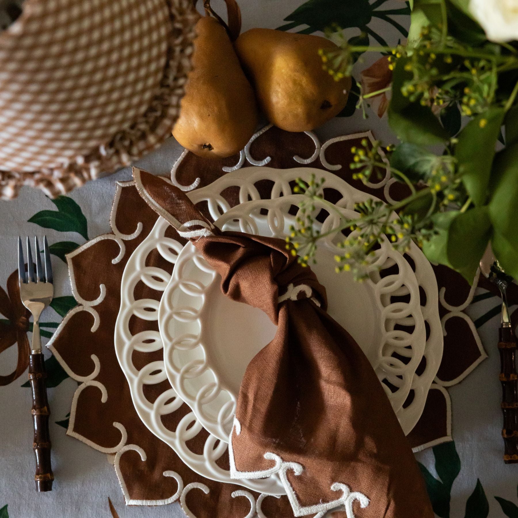 Chocolate With Ivory Embroidery Heirloom Napkin (Set Of 4) - LUXE AND BEAU