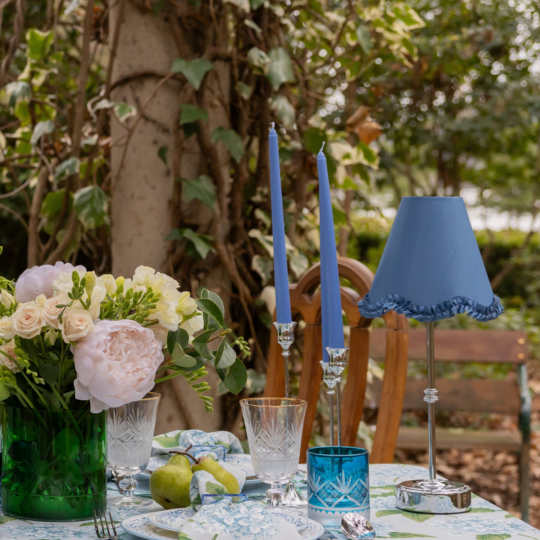 Deep Blue Ruffle Scallop Lamp Shade & Silver Base - Usb Table Lamp - LUXE AND BEAU