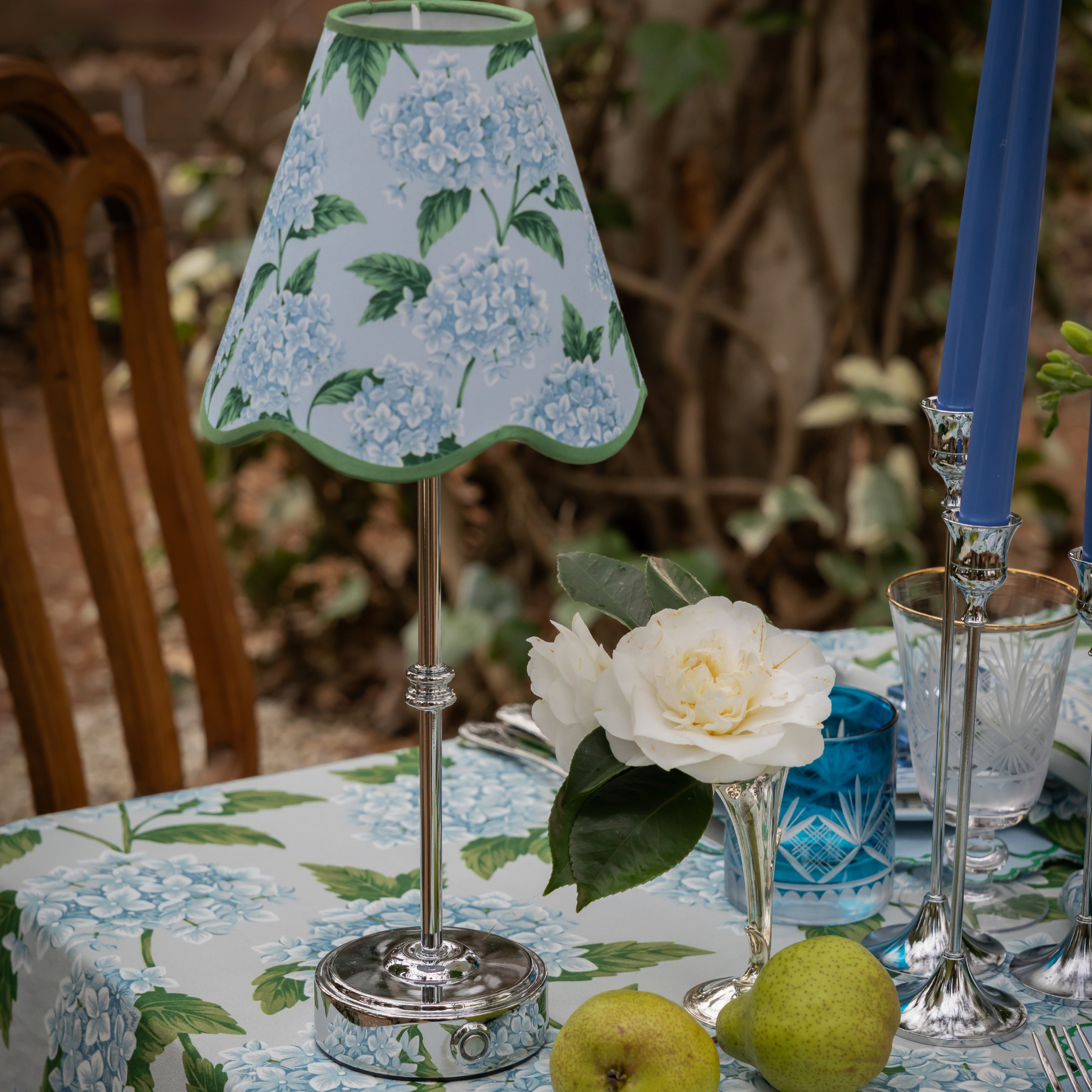 Blue Hydrangea Scallop Lamp Shade & Silver Base - USB Table Lamp - LUXE AND BEAU