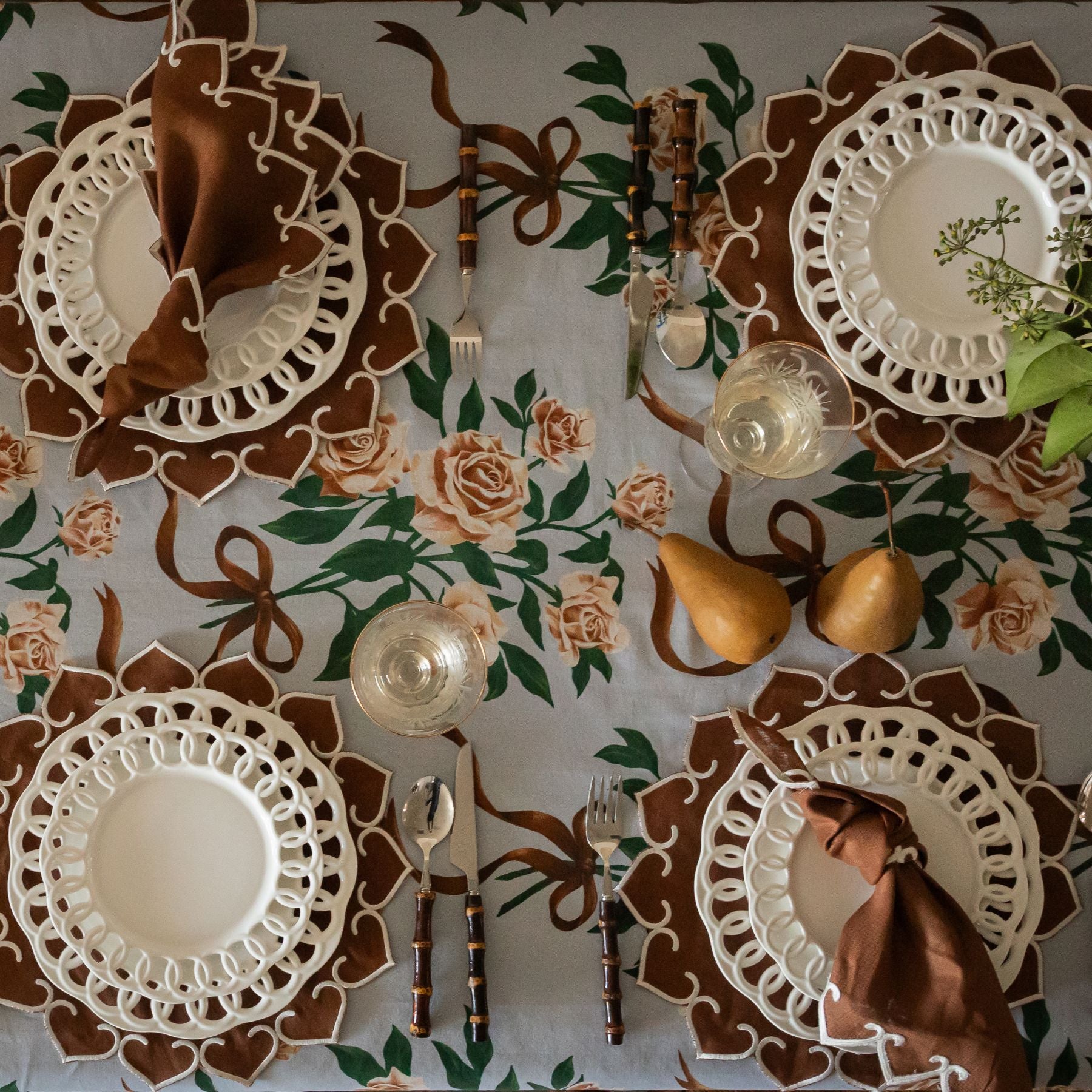 Chocolate With Ivory Embroidery Heirloom Napkin (Set Of 4) - LUXE AND BEAU