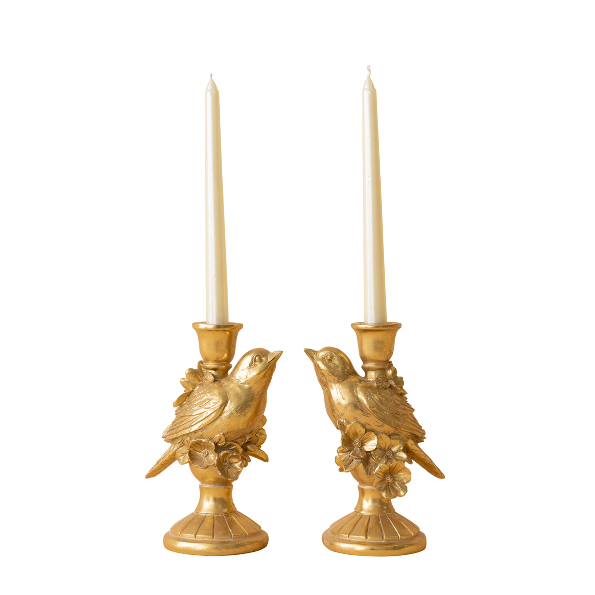 Pair of gold bird candle holders with taper candles