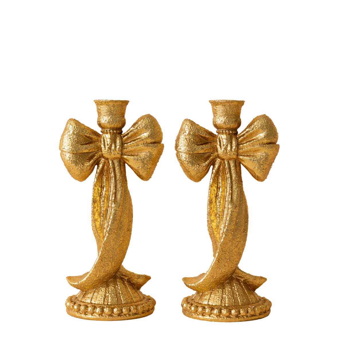 Pair of gold leaf bow candle holders