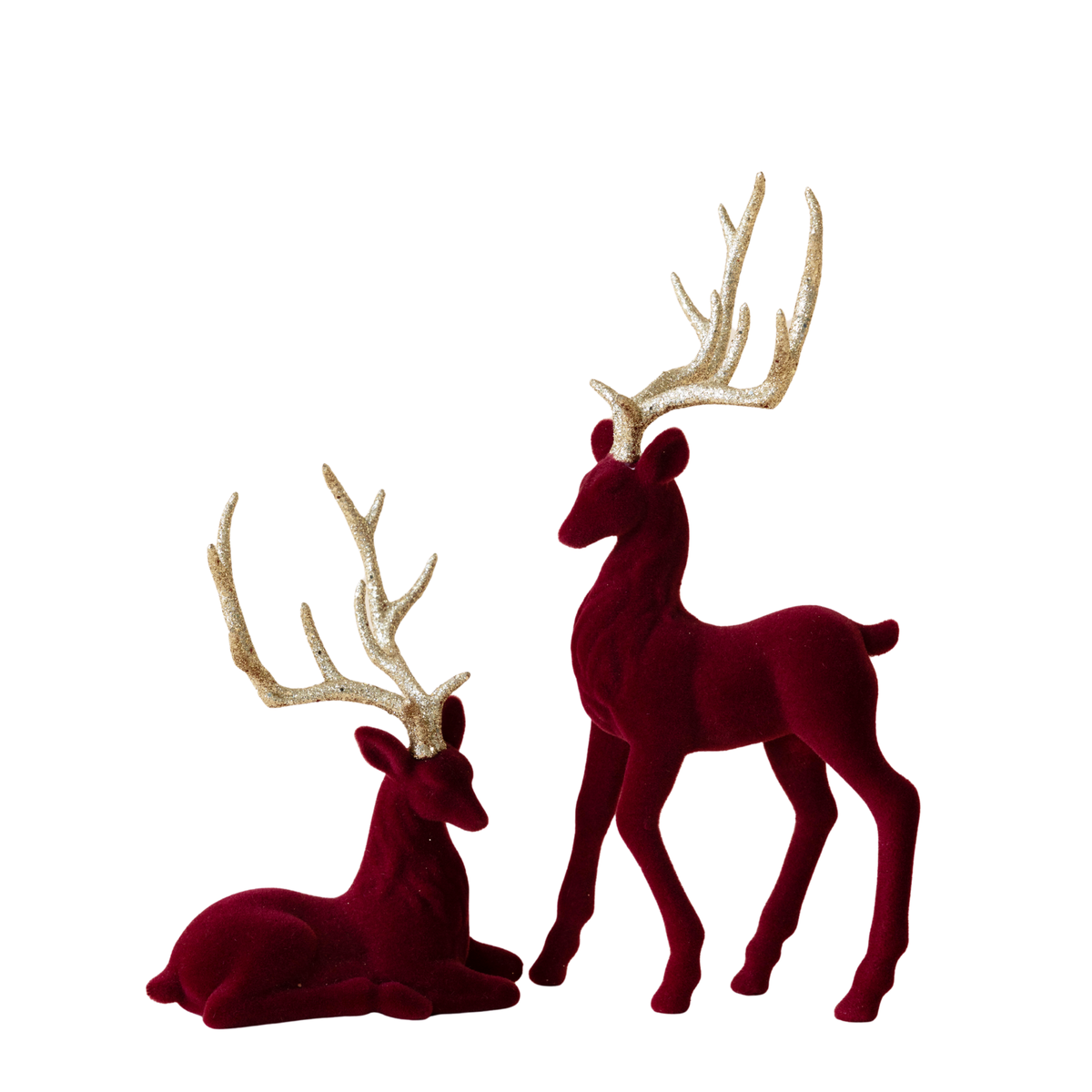 Burgundy velvet sitting and standing reindeer with gold glitter antlers
