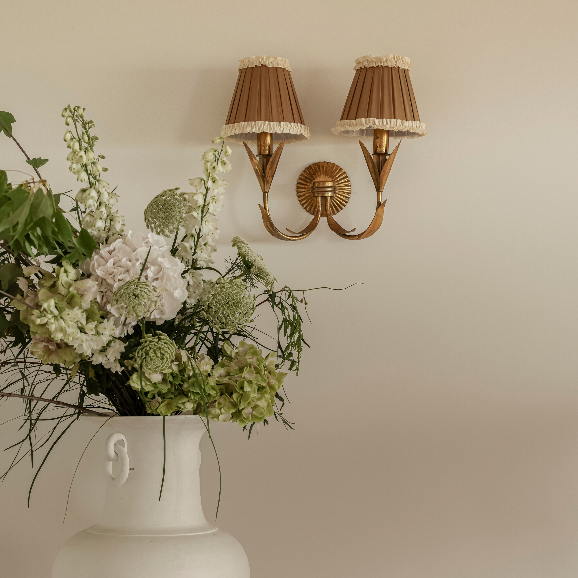 Audrey Camel and Cream Ruffle Shade and La Fleur Antique Gold Wall Sconce - LUXE AND BEAU