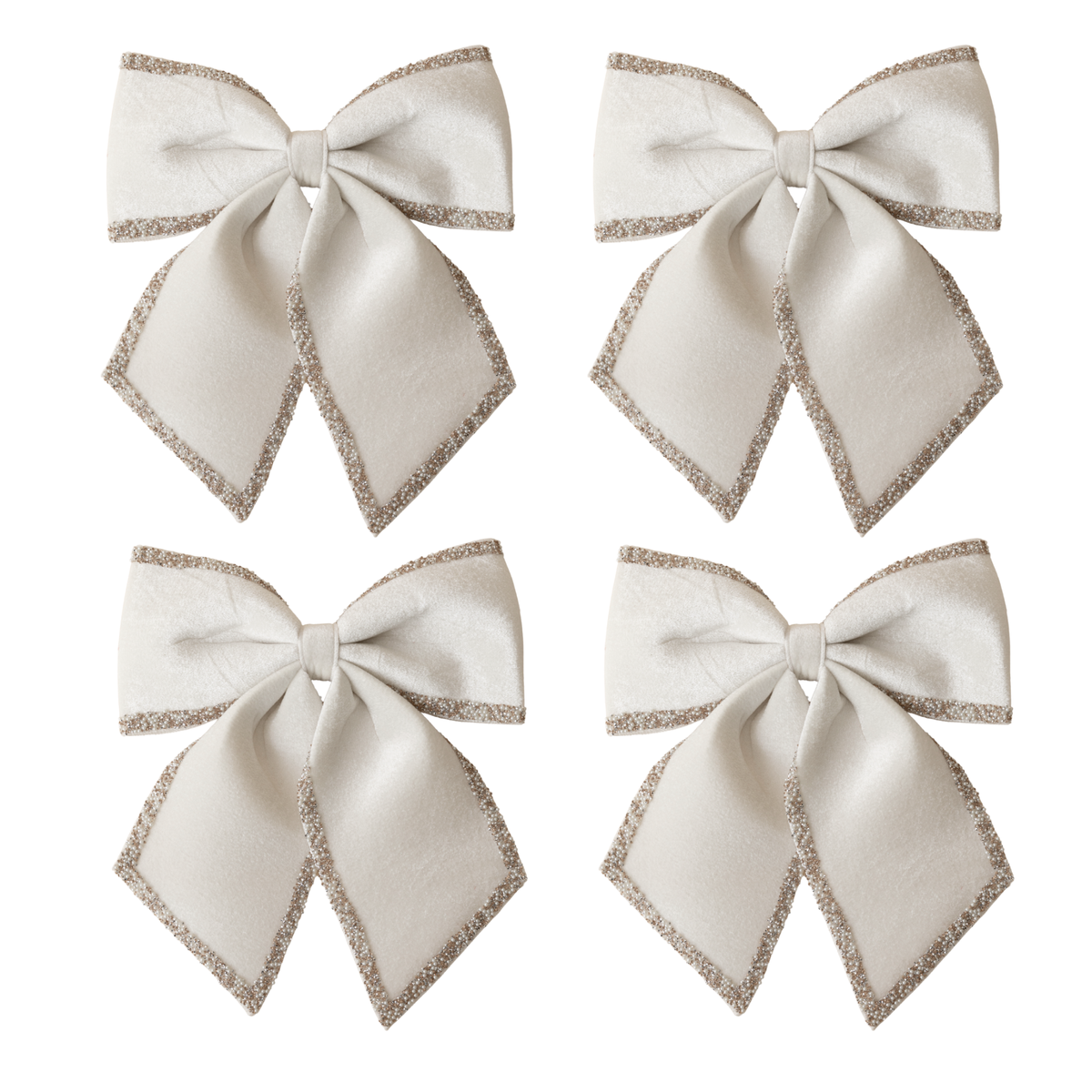 Set of four cream velvet bows with champagne glitter trim
