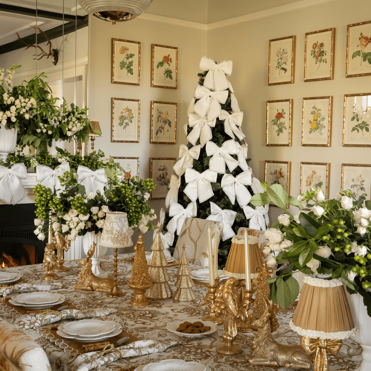 Gold Toile Christmas table styled with Gold Toile table cloth